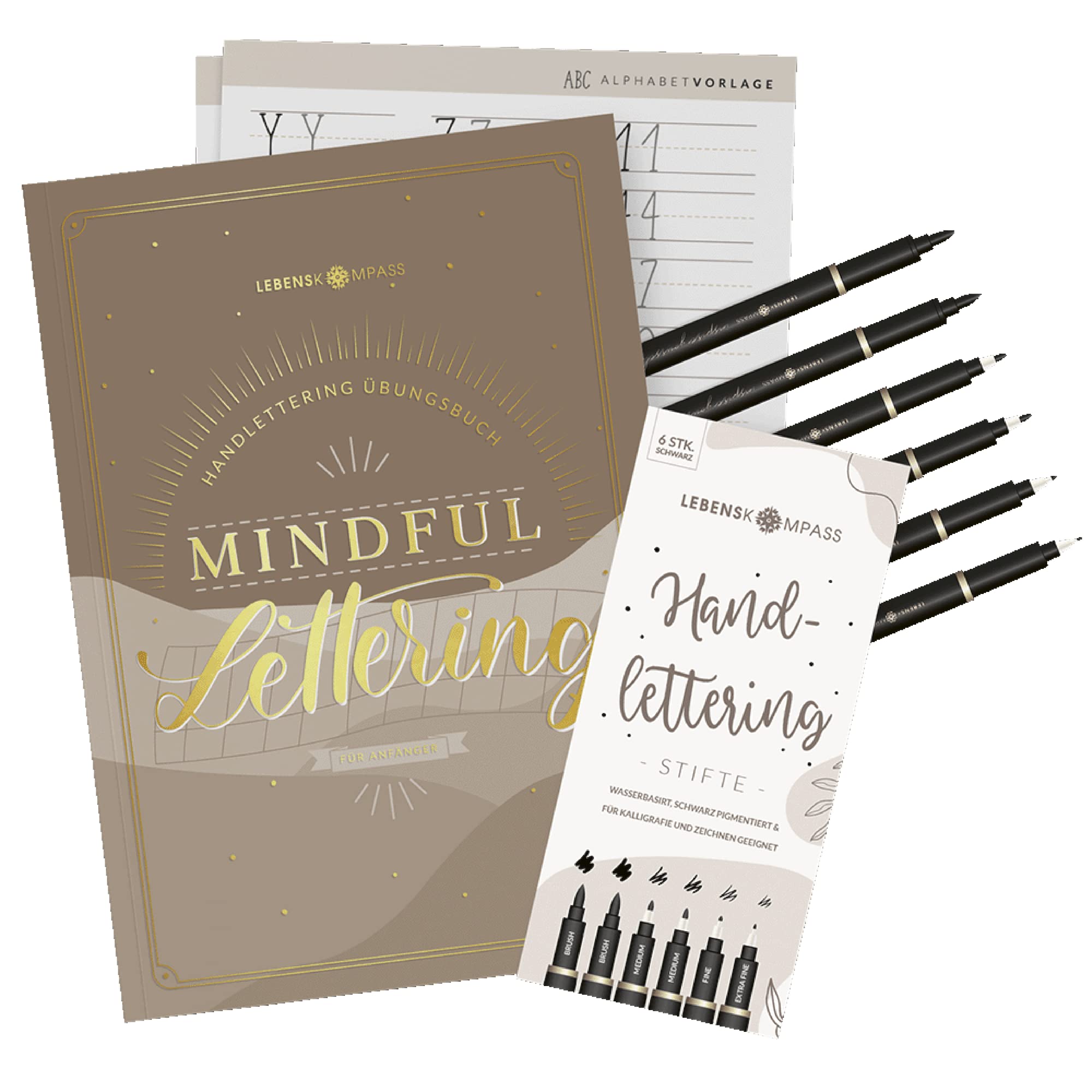 LEBENSKOMPASS Handlettering Starter Set mit Stiften und Buch für Anfänger ”Mindful Lettering” Kalligraphie und Hand Lettering lernen mit Übungsheft und Stiften