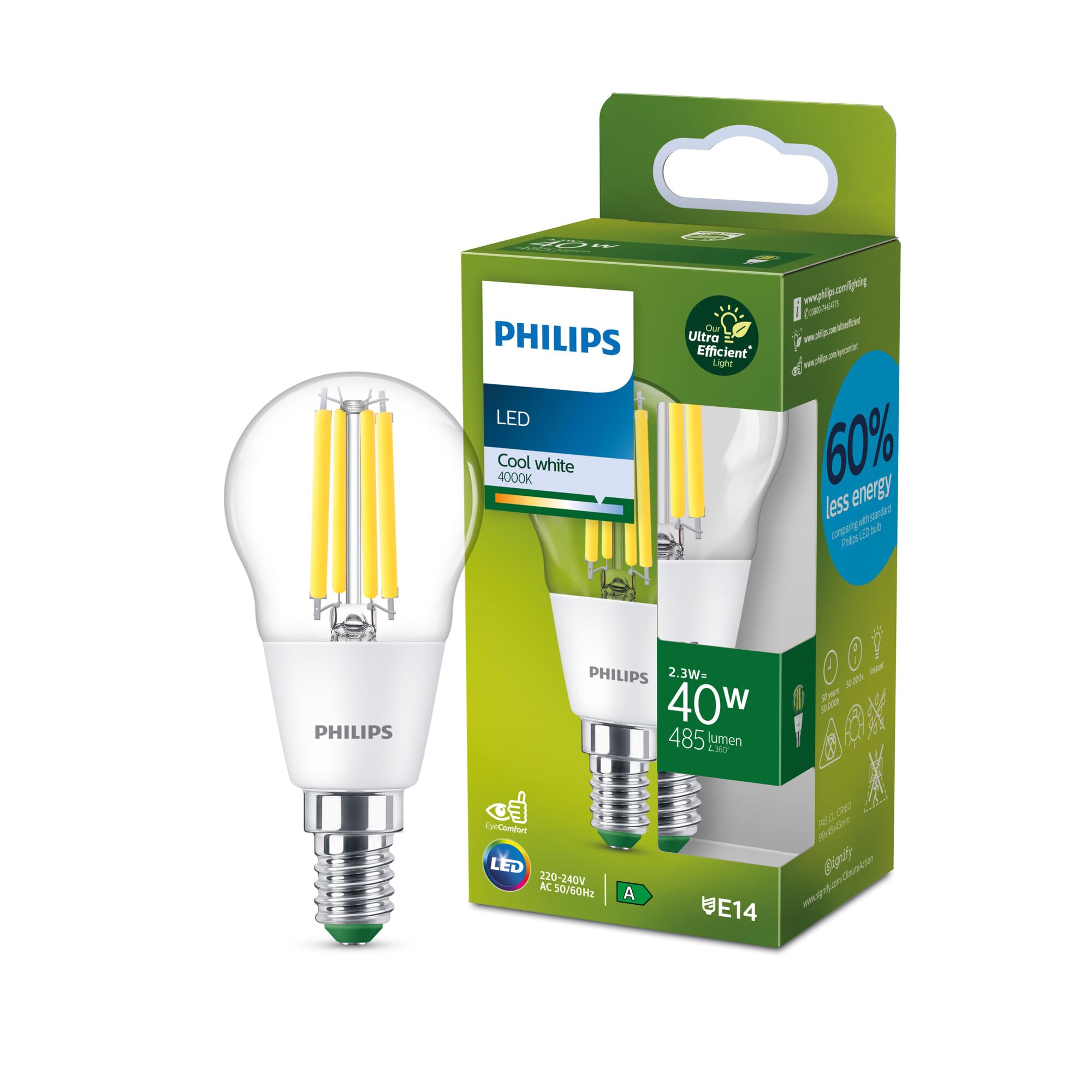 Philips Ultra Efficient - Ultra energy saving lights, LED light source, 40W, P45, E14 Candle Cool White 4000 kelvin, clear