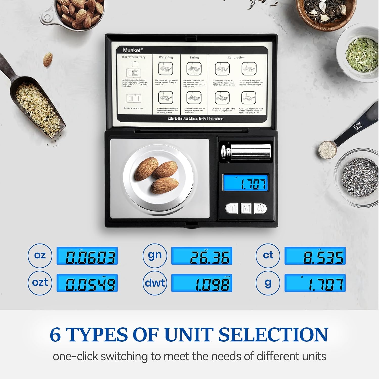 0.001g/50g digitale milligramweegschaal, zakformaat microweegschalen met 6 eenheden, hoge precisie gramweegschaal, mg-weegschaal voor poeders, sieraden, medicijnen, met kalibratiegewicht - Afbeelding 3