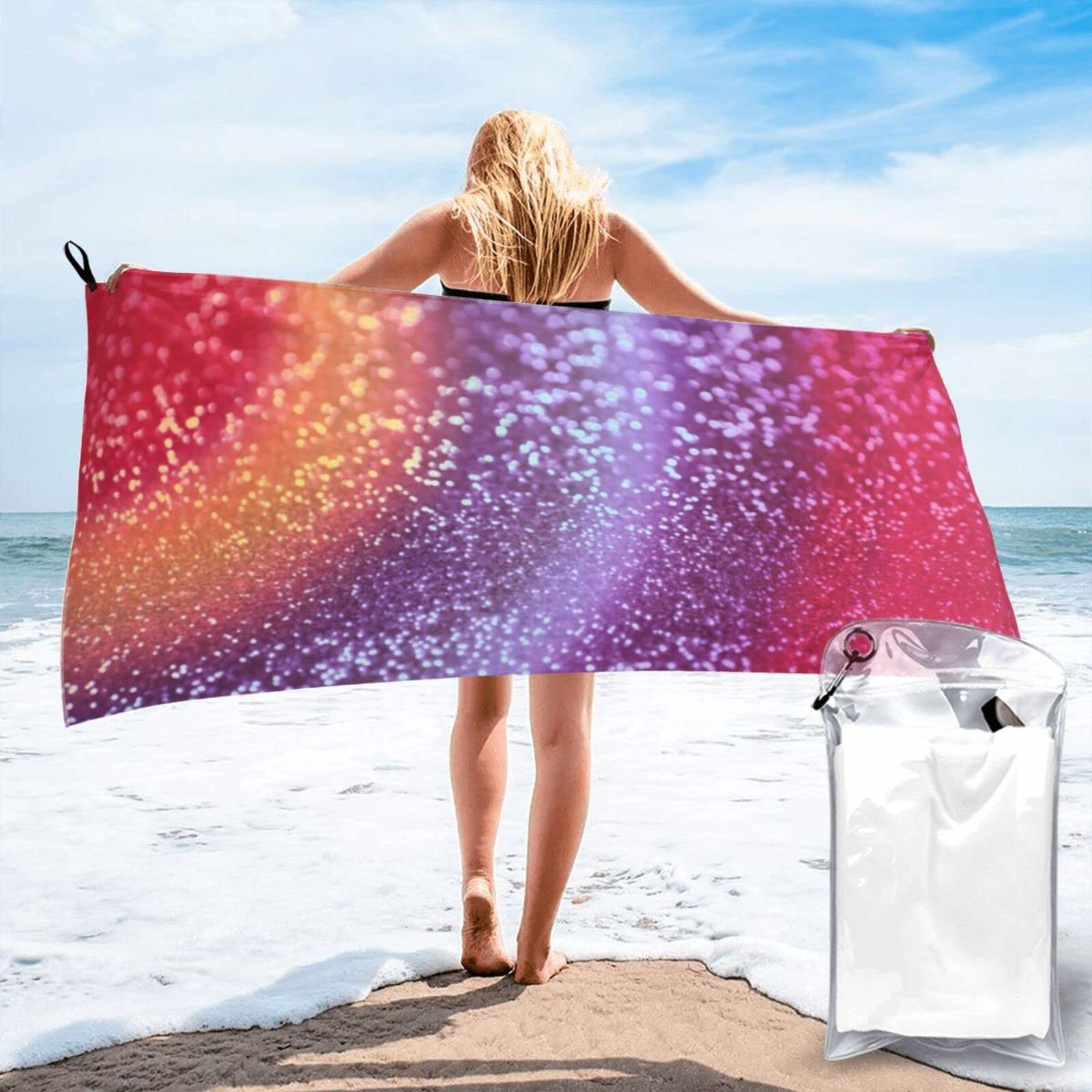 Lawenp Colorful Glitter Sparkle Microfiber Beach Towel Adults Large Quick Drying Bath Towel Travel Towels with Pouch 31.5"x63"