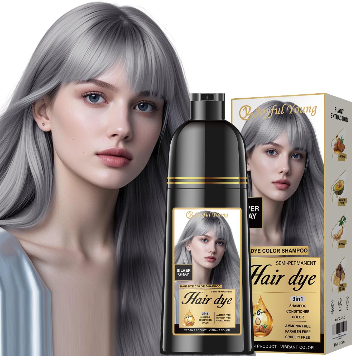 Natural Color Hair Dye Shampoo 3 IN 1, Instant Hair Coloring, Gray Coverage for Men & Women, Beard Dye Vegan Ammonia Free & Paraben-Free, Champú Para Canas Mujer & Hombre (SILVER GRAY)