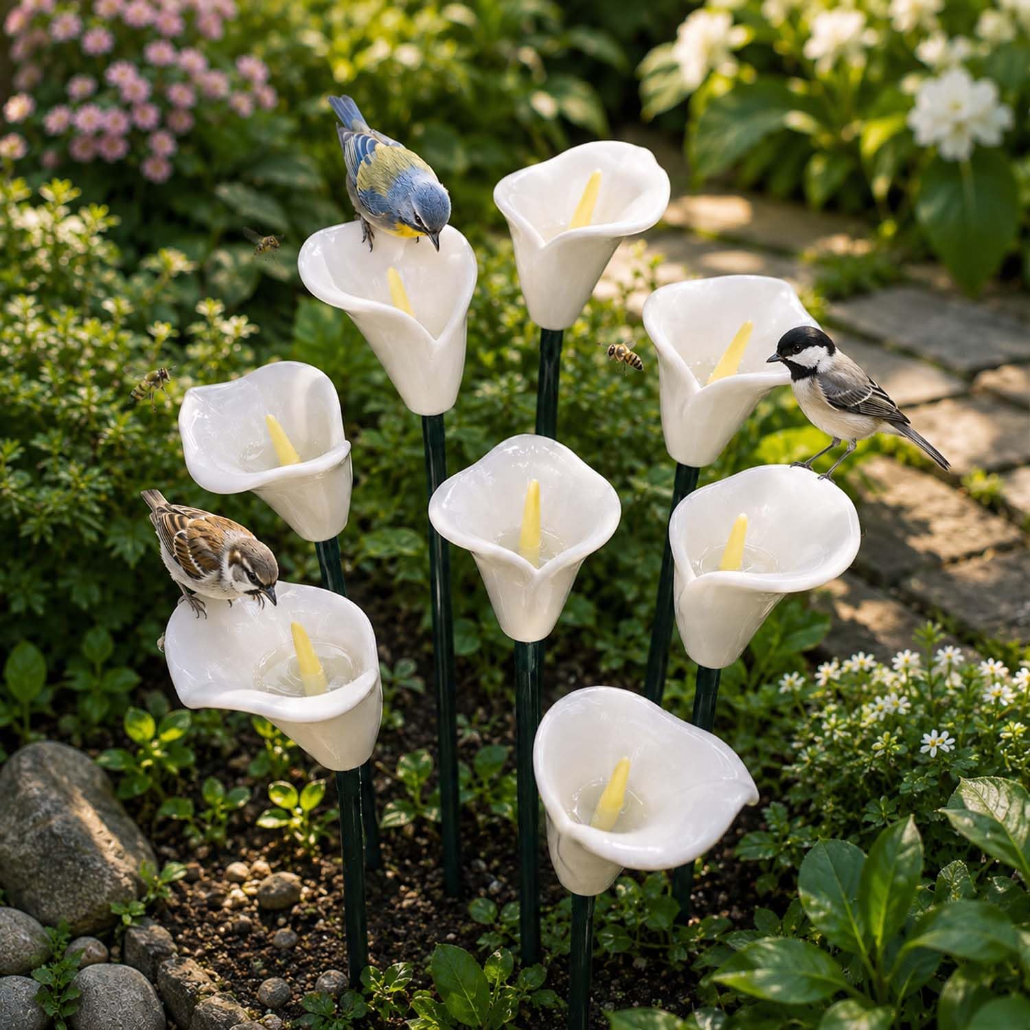 Ceramic Flower Bee Waterer Stakes, Pollinator Drinking Station for Bees & Butterflies, Weatherproof Garden Decor with Multiple Colors (8.6" H) (8 White)