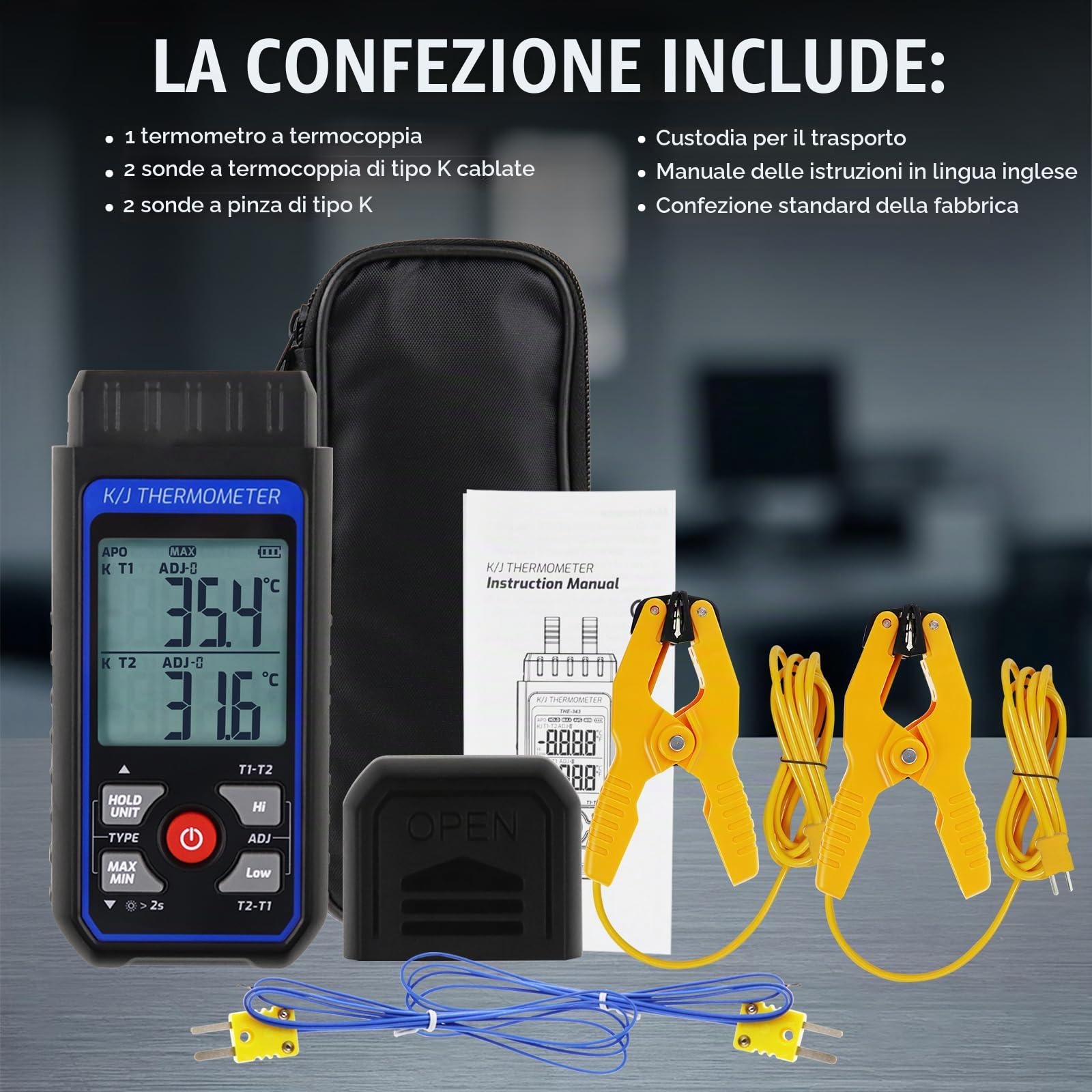 Termómetro K/J de doble canal con 4 sondas y 2 abrazaderas para tubos: de -200 °C a 1372 °C (de -328 °F a 2501 °F), alarma y retroiluminación. Ideal para herramientas de climatización (HVAC).
