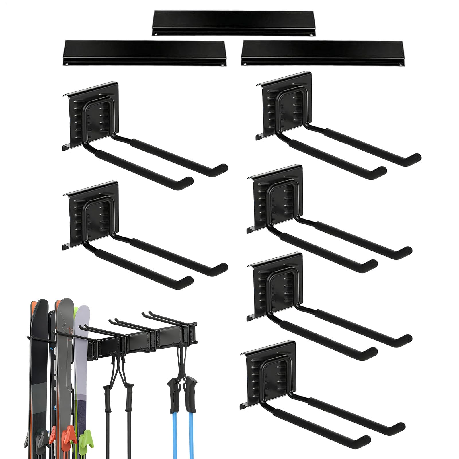 Ski-Halterung für Garagenwand – mit 6 robusten Haken, rutschfest | Aufbewahrungssystem für Ski, Wandmontage, für Sportzubehör, für Innen- und Außenbereich, Haus, Keller
