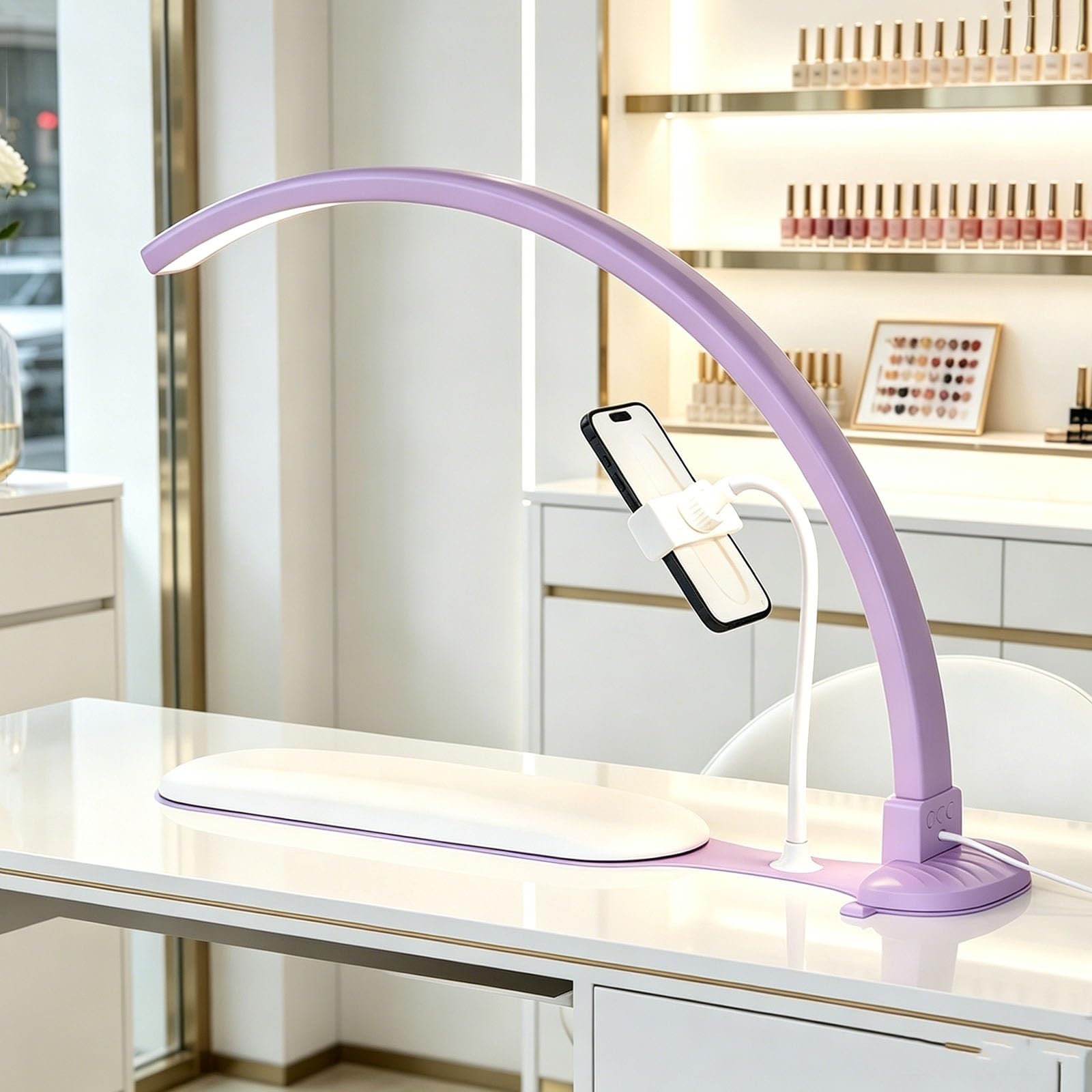 DAJIAYIQI Half Moon Light for Nail Desk: 23" Half Moon Nail Tech Light with Dual Phone Holder, 3 Color Modes & Stepless Dimming for Lash Eyelash Extension, Tattoo, Eyebrows(Purple)