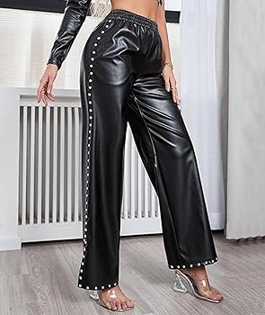Sexyshine Women's Faux Leather Pants Rivets Pearls Trim High Waist Sexyshine Women's Faux Leather Pants Rivets Pearls Trim High Waist