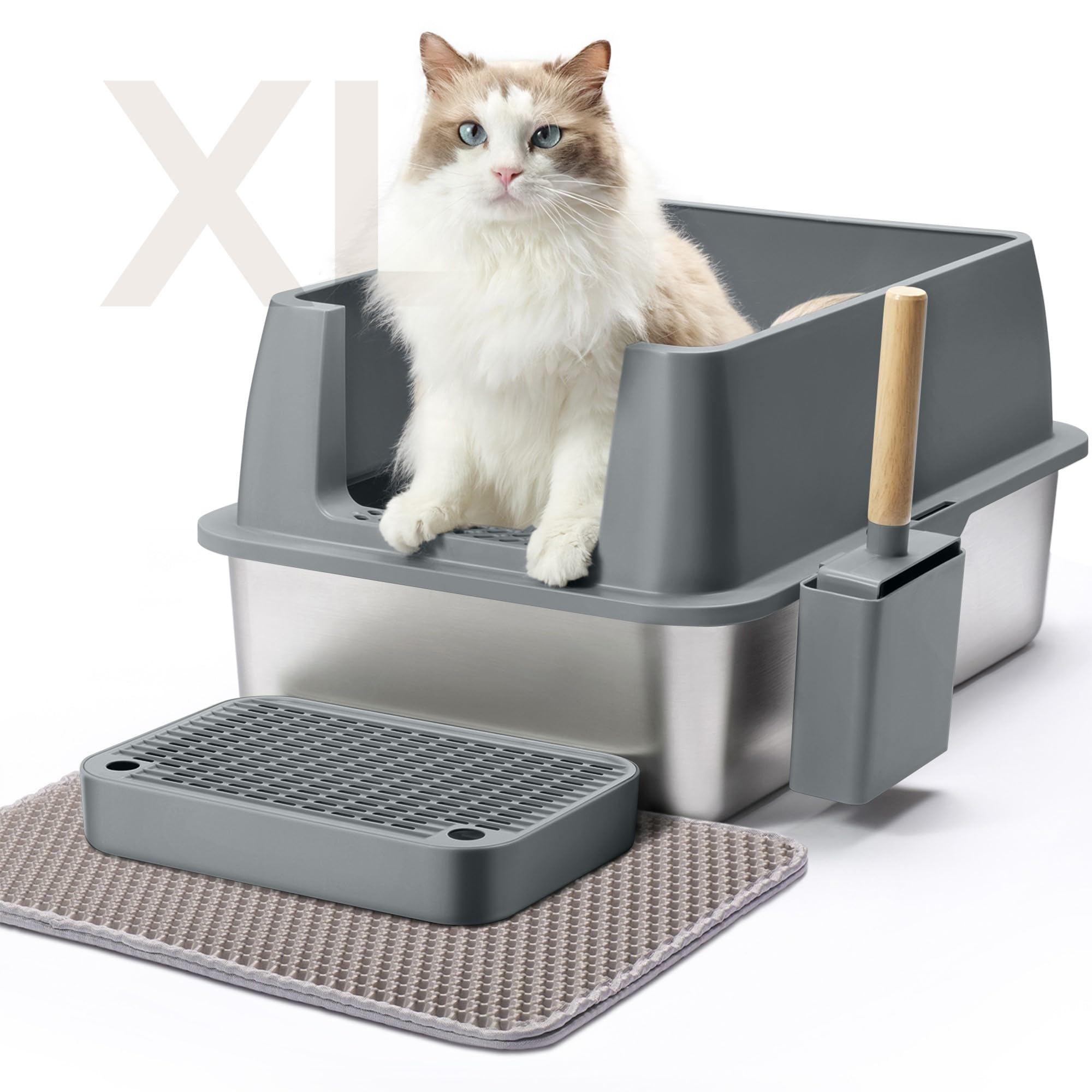 Aupures Stainless Steel XL High Sided Cat Litter Box with Lid, Anti-Leakage, Easy Cleaning (Dark Gray)