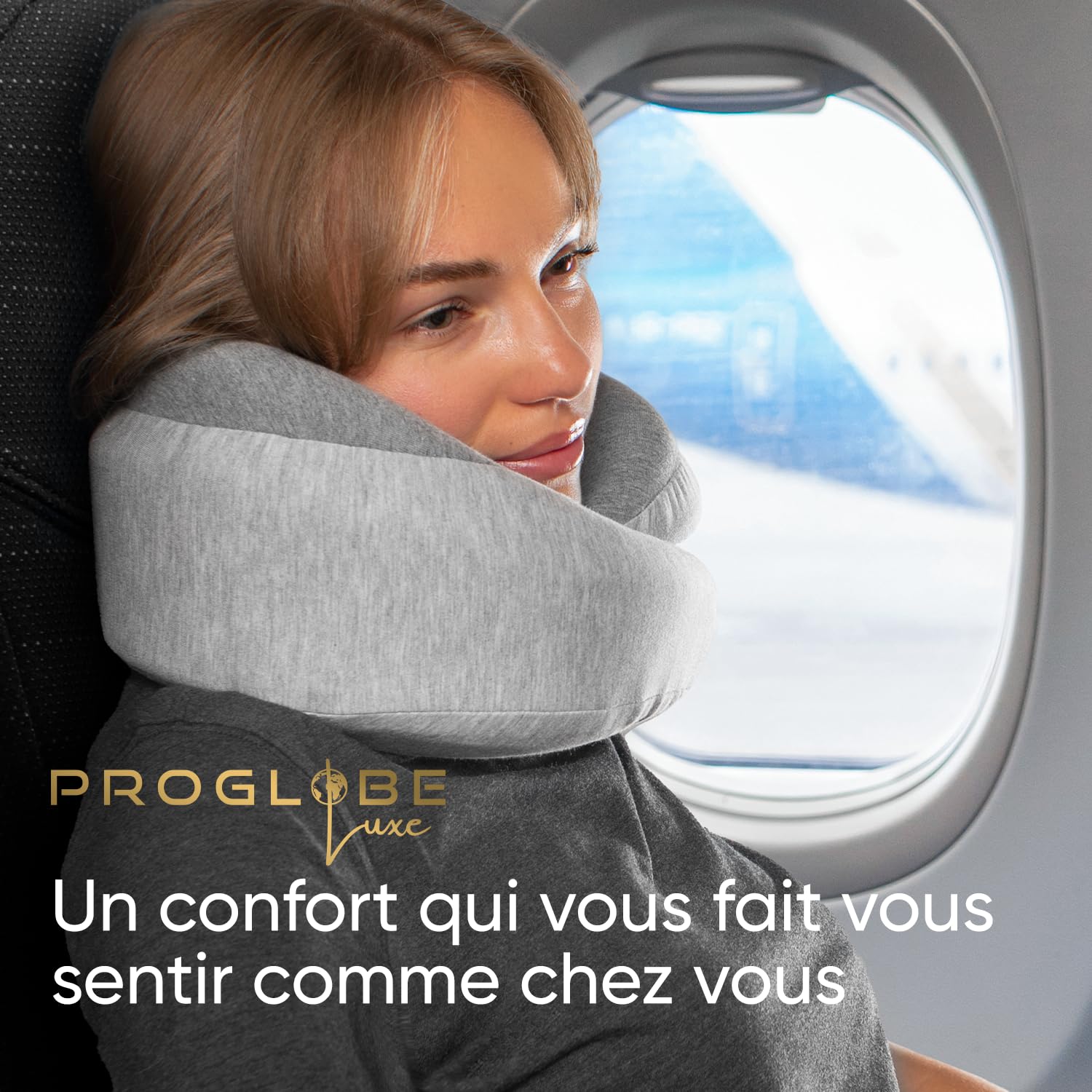 Proglobe Luxe Oreiller de Voyage Cervical 360° Avion, Gris Clair | Mousse à mémoire de forme, housse lavable en coton biologique et sac de transport compact.