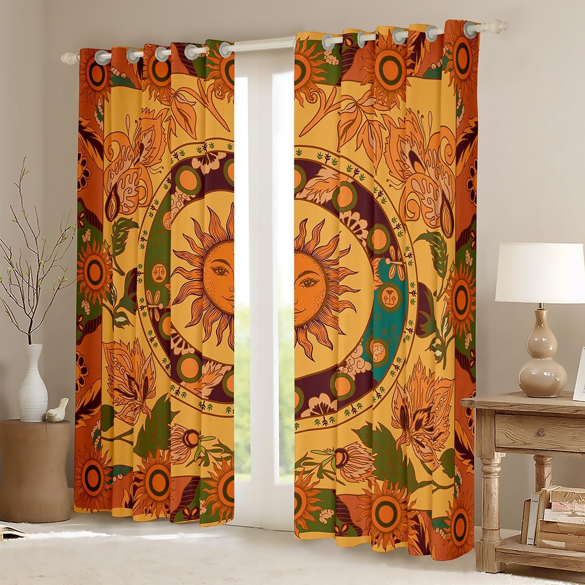 Feelyou Sun Curtains for Bedroom Botanical Floral 30%-50% Blackout Curtains Kids Vintage Flowers Darkening Dreapes Natural Leaf Pattern Orange Yellow Green Window Treatments (2 Panels, 38 x 45 Inch)