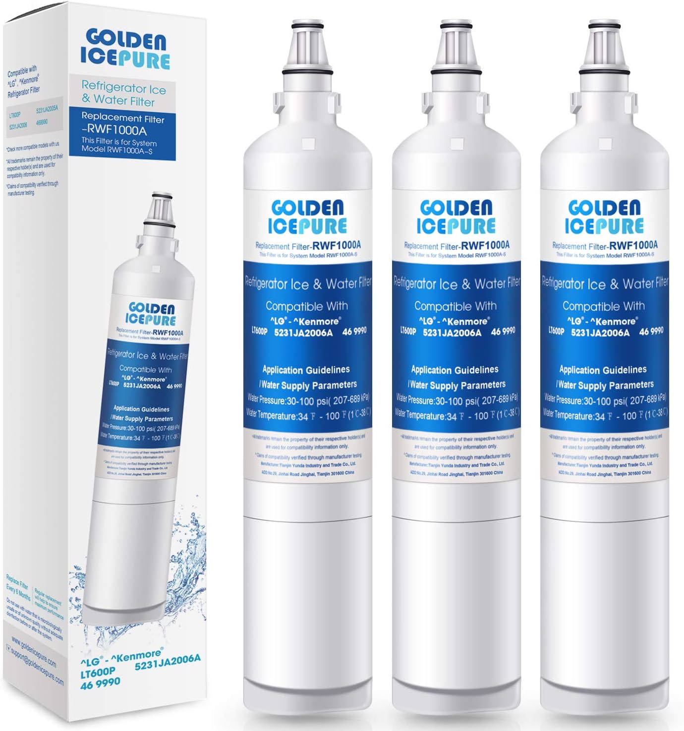 Golden Icepure RWF1000A 3 Pack Refrigerator Water Filter Compatible