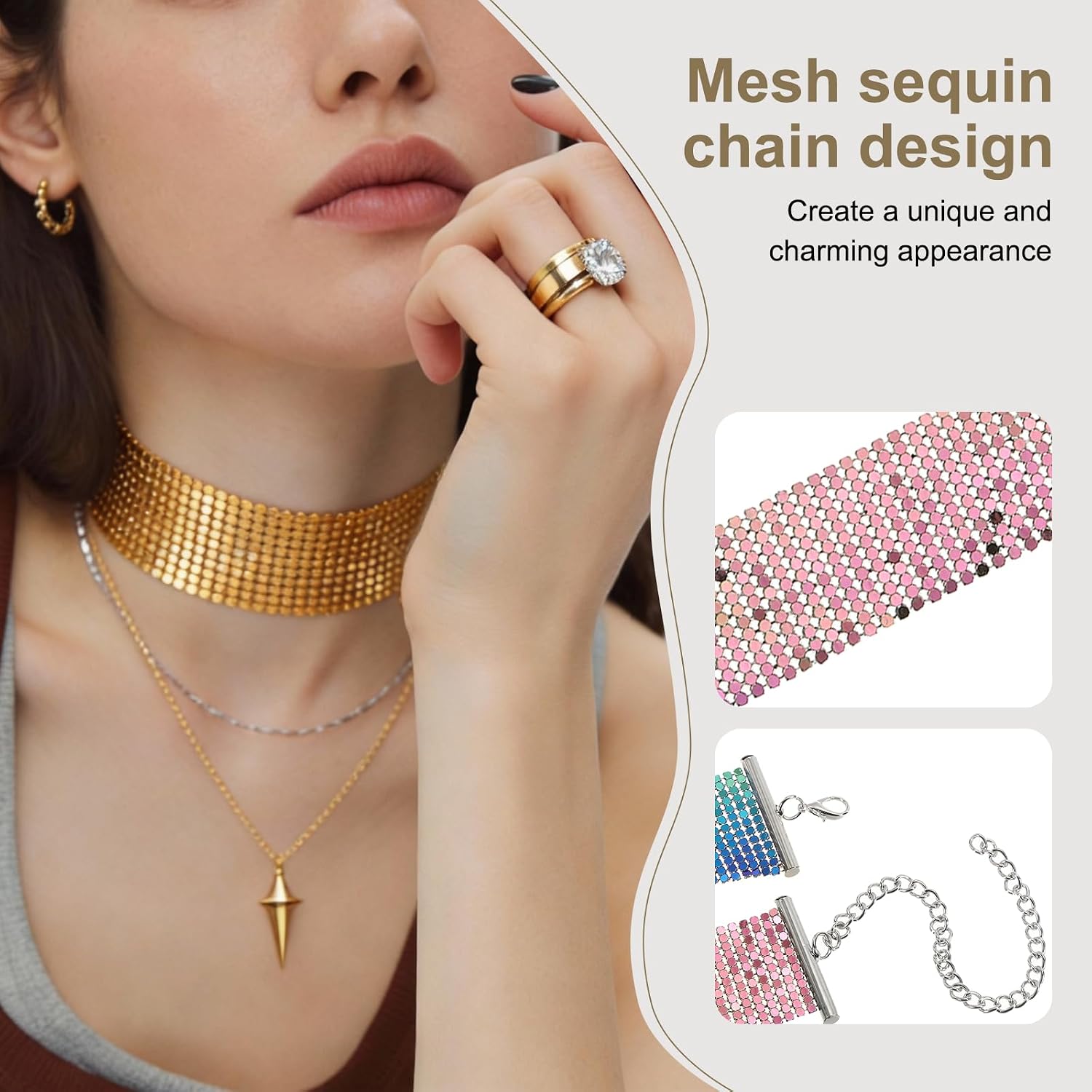 MECCANIXITY Wide Sequin Necklace, Metal Mesh Shiny Short Collar Necklace Punk Sequins Neck Chain for Women Accessories Party Evening Banquet Daily Dress, Colorful