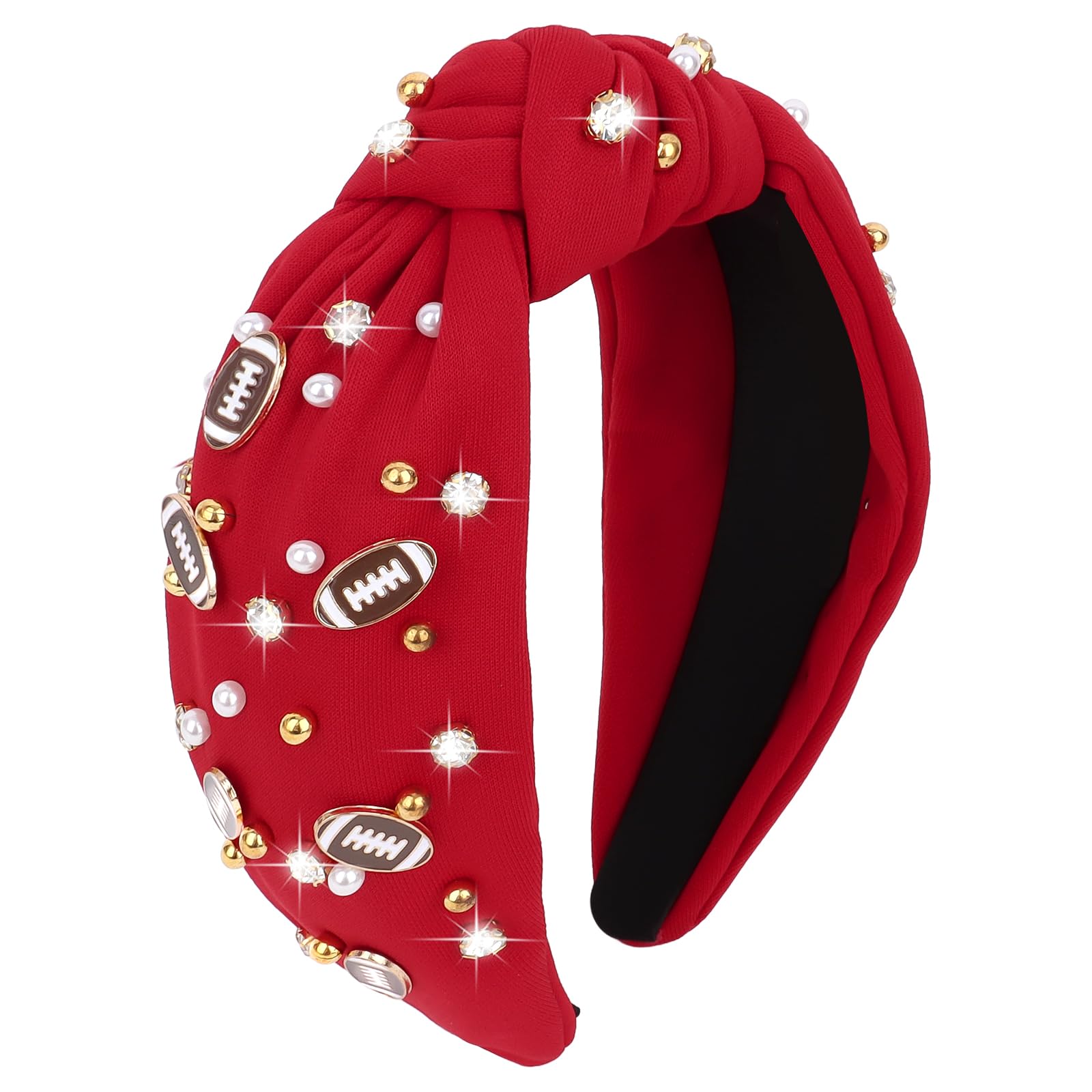 Football Headband for Women Pearl Rhinestone Jeweled Knotted Headband Fashion Headband Wide Game Day Sports Hair Accessories Gift for Football Mom Fans Christmas (Red)