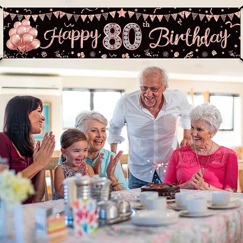 Miniatura 4 de Cartel de feliz cumpleaños número 80 para mujer, suministros de fiesta de cumpleaños de 80 años de color oro rosa, póster fotográfico para