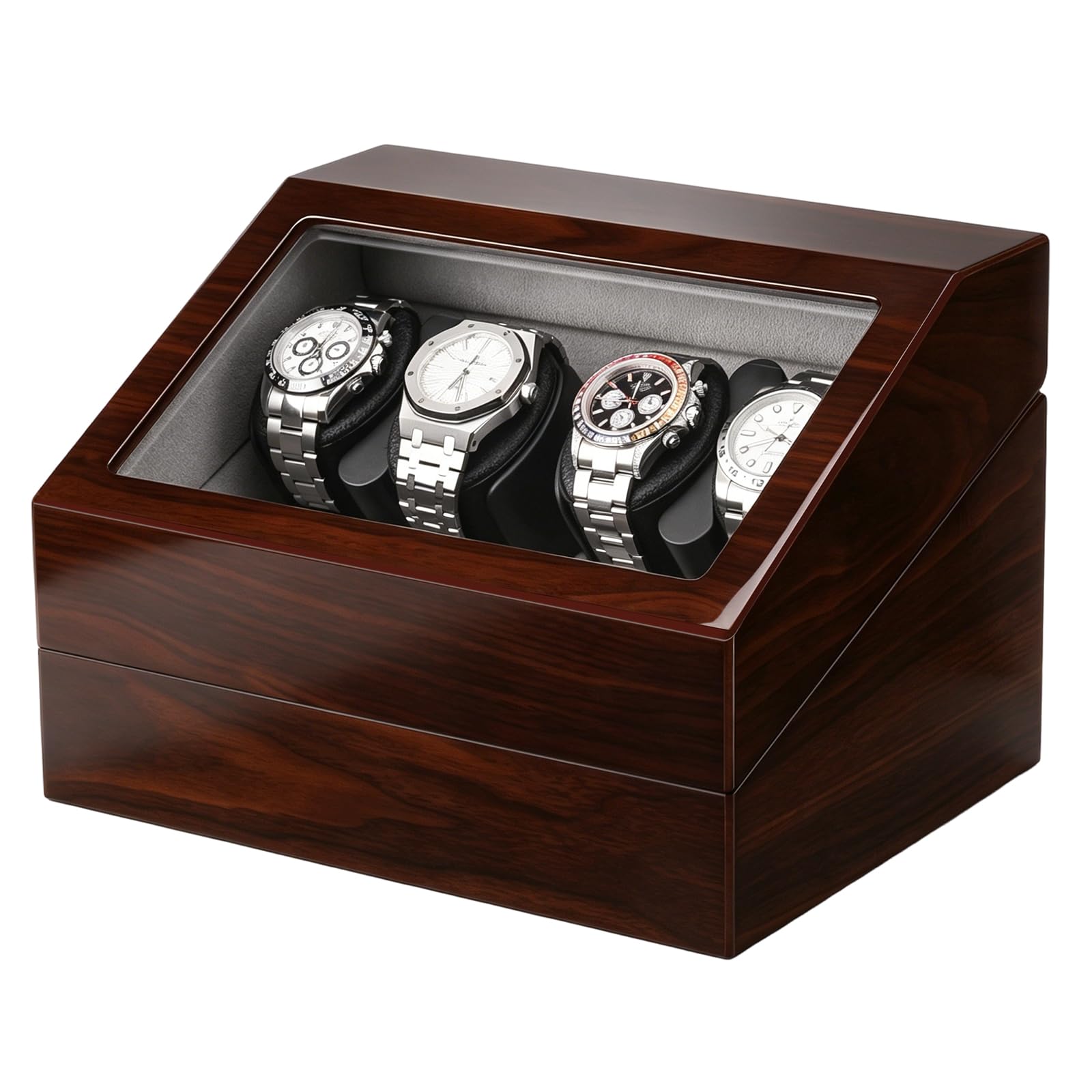 Uhrenbeweger Spinner für 4 Automatikuhren mit 5 Aufbewahrungskoffer | Uhrenbeweger für mehrere Uhren mit leisem Motor, handgefertigtes Klavier-Finish, Holz-Spinner für Herren- und Damenuhren