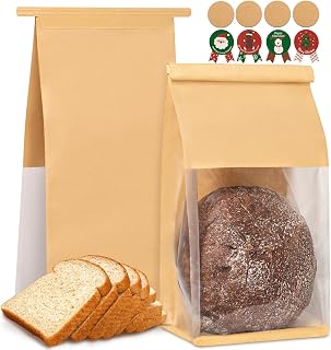50 PCS Bread Bags for Homemade Breads, 11x5.1x3.9 Inch Resealable Cookie Bags with Tin Tie Tab Lock, Paper Bakery Bag with Window for Packaging Bagels, Muffin, Scone, Brownie, Baked Goods Storage