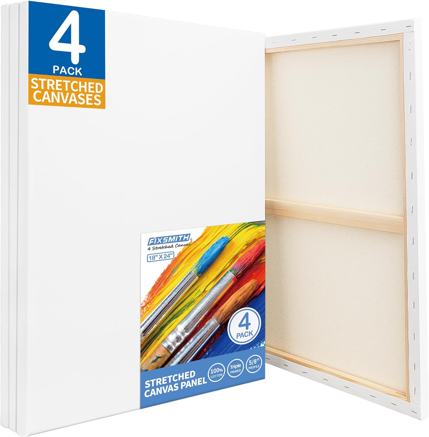 FIXSMITH Stretched White Blank Canvas - 18x24 Inch, 4 Pack,Primed Large Canvas,100% Cotton,5/8 Inch Profile of Super Value Pack for Acrylics,Oils & Other Painting Media