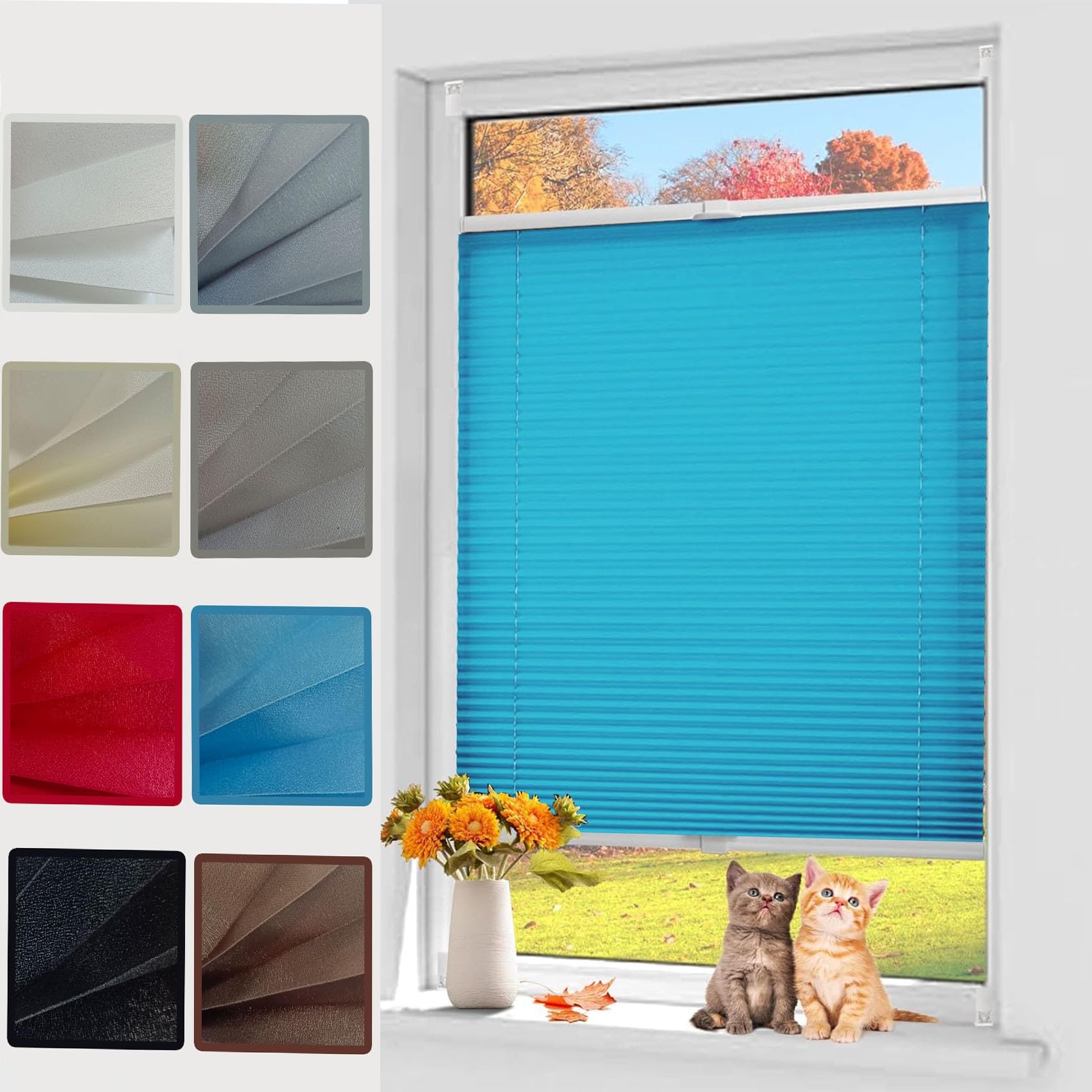 Window Blinds pleated blind, 75 x 220 cm Stick on Blinds Curtains Pleated Shades Easy Fit Curtain with White Guide Rail for Window Privacy Protection, Blue — image 1