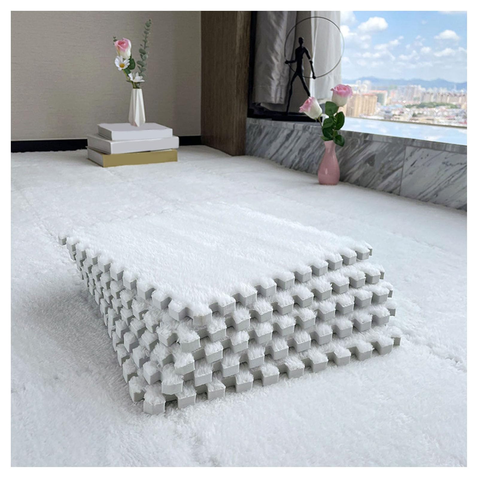 80 szt. blokujących się piankowych płytek dywanowych, miękkie maty podłogowe do sypialni, puszyste białe puzzle piankowe kwadraty, grubość 0,5 cm, antypoślizgowe Flo Solut