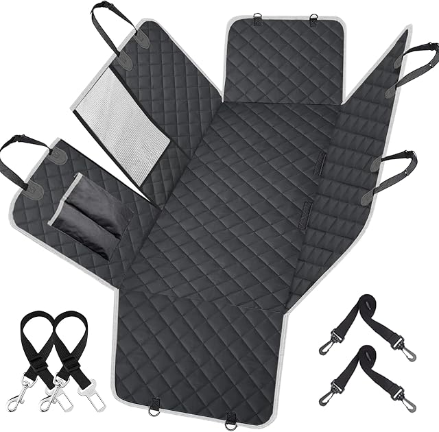 Dog Car Seat Cover Protector, 100% Waterproof Pet Dog Seat Cover Nonslip Bench Seat Covers Armrest Compatible for Back Seat Universal Size for Cars, Pickup Trucks, SUVs with 2 Belt
