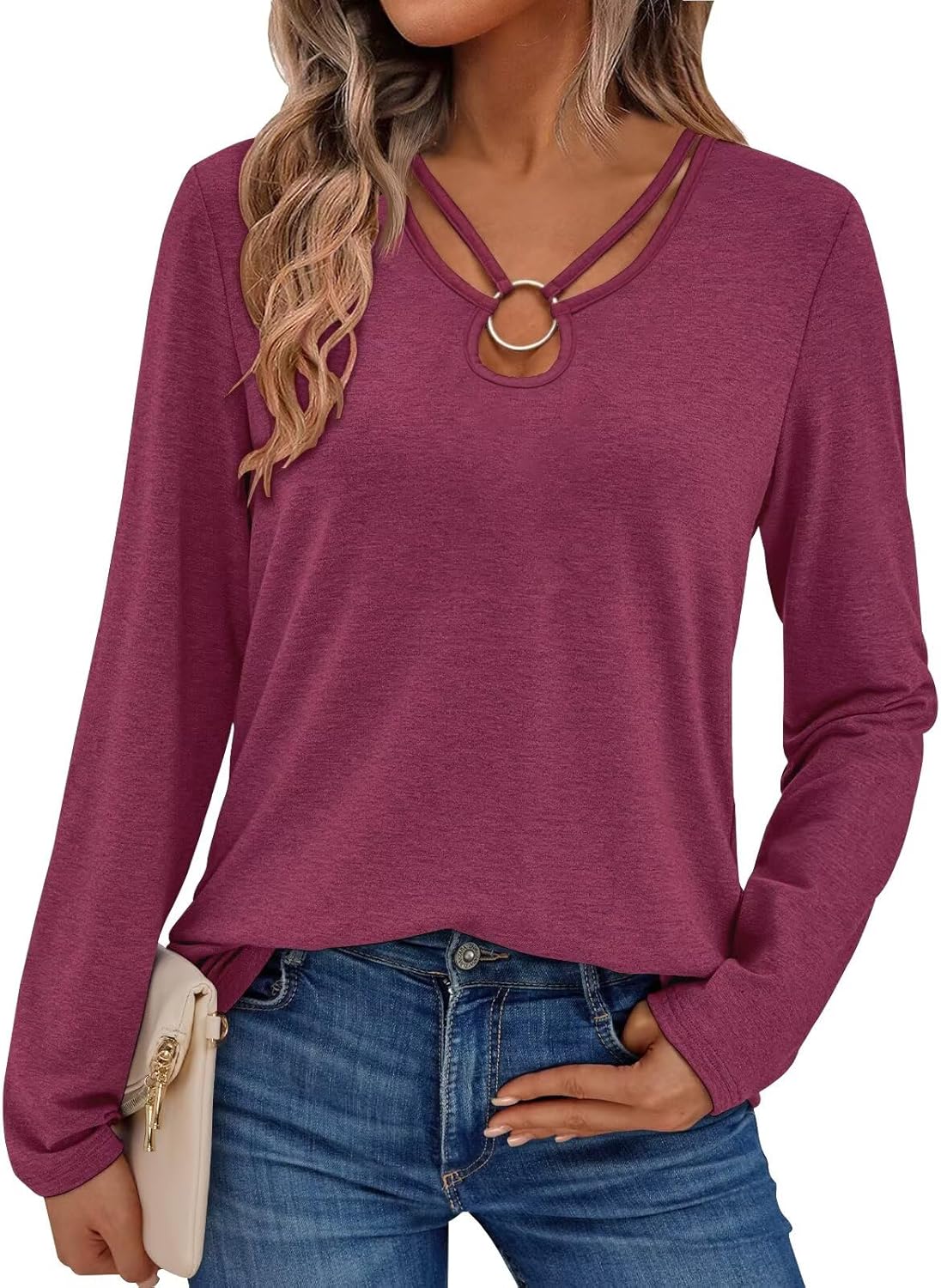 Women’s Long Sleeve Tops Keyhole Neck Detail Crew Neck Shirts Ring Cut Out Design Stretchy Tees 2025