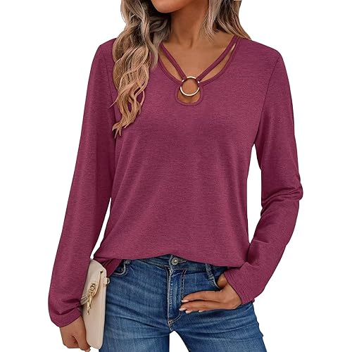 Women's Long Sleeve Tops Keyhole Neck Detail Crew Neck Shirts Ring Cut Out Design Stretchy Tees 2025
