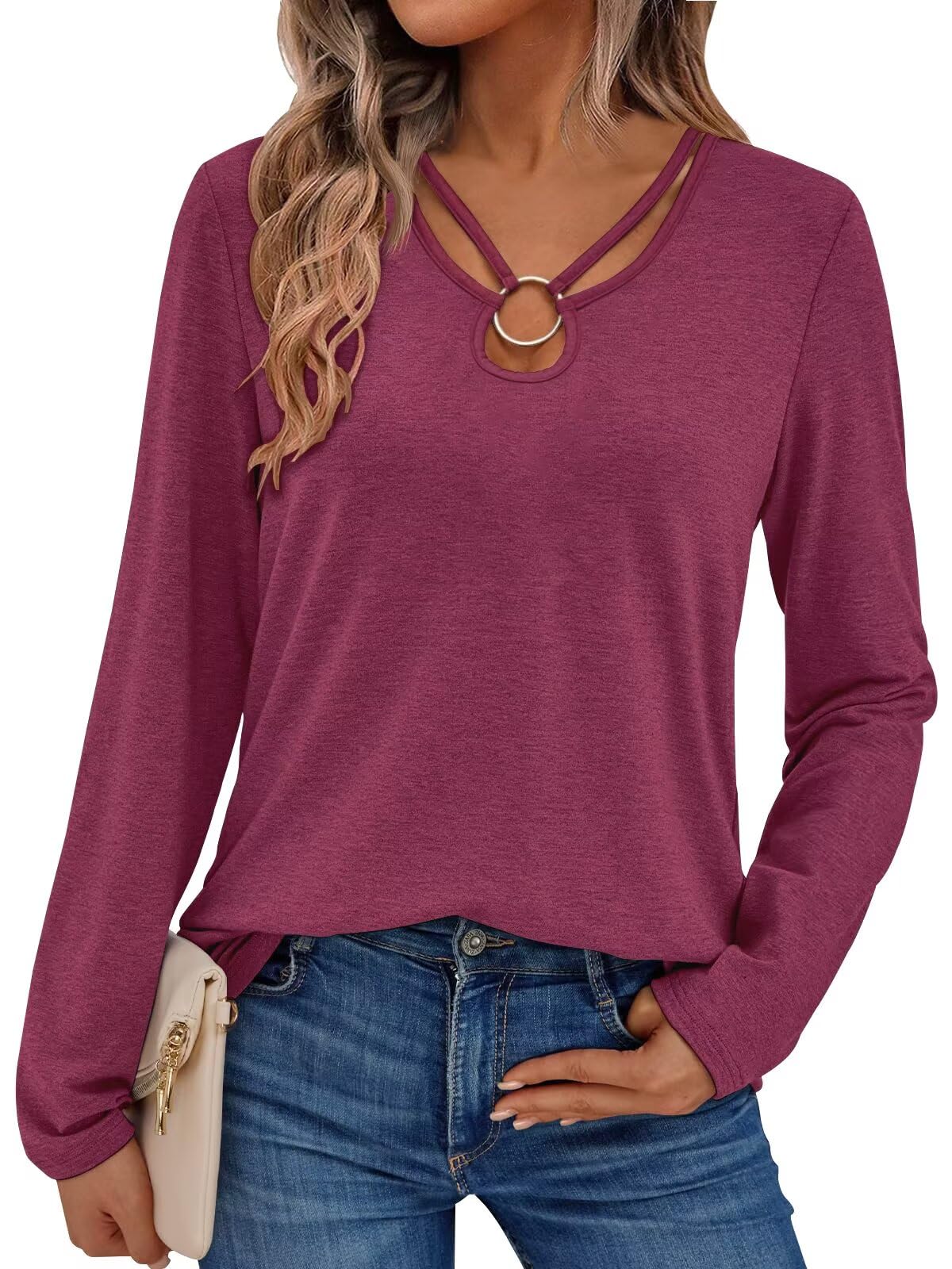 Photo 1 of 2025 Women's Long Sleeve Tops Keyhole Neck Detail Crew Neck Shirts Ring Cut Out Design Stretchy Tees (US, Alpha, Medium, Regular, Regular, Wine Red)