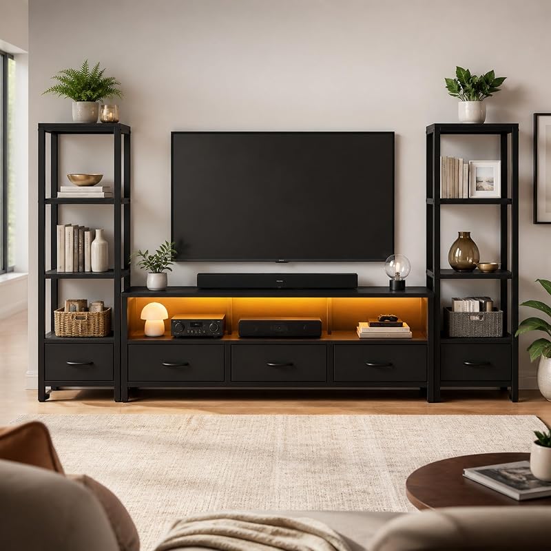 YITAHOME 89.2" TV Stand, 5 Drawers & 2 Side Bookshelves, Black image 7