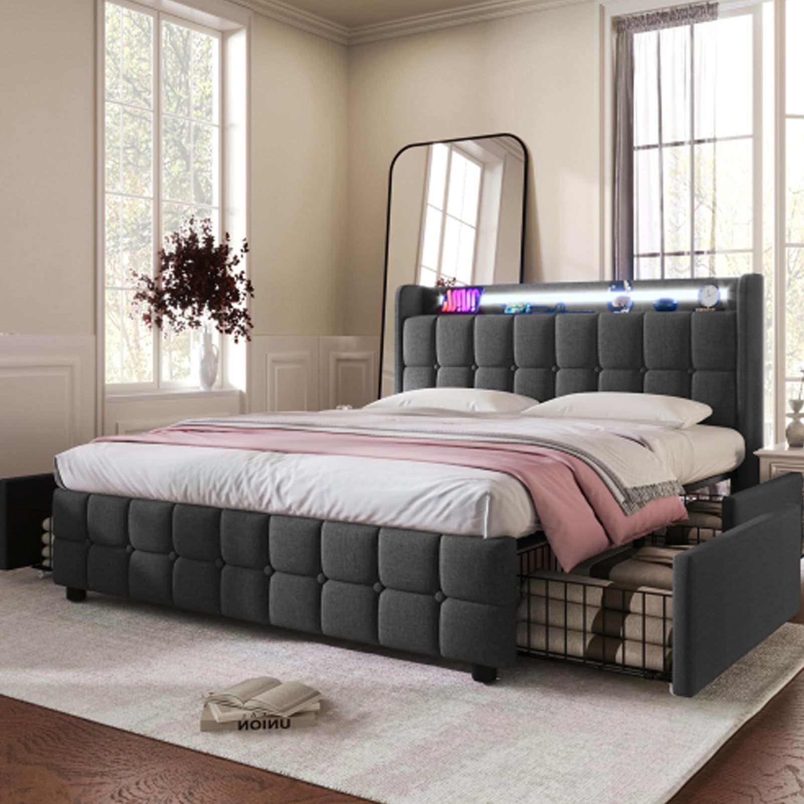 Furnulem Struttura Letto Matrimoniale, Testiera Con Luce LED E Stazione Furnulem Struttura Letto Matrimoniale, Testiera Con Luce LED E Stazione