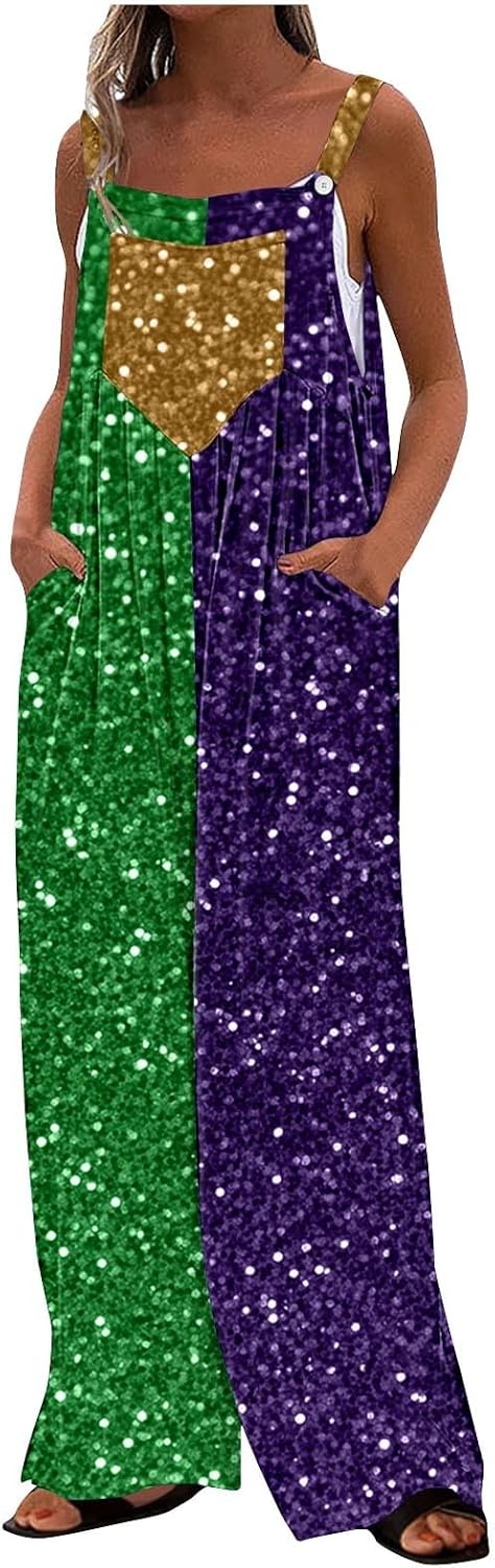 Womens Mardi Gras Jumpsuits Holiday Graphic Sleeveless Casual Loose Fit Romper Pants Vacation Rompers Trendy Outfits