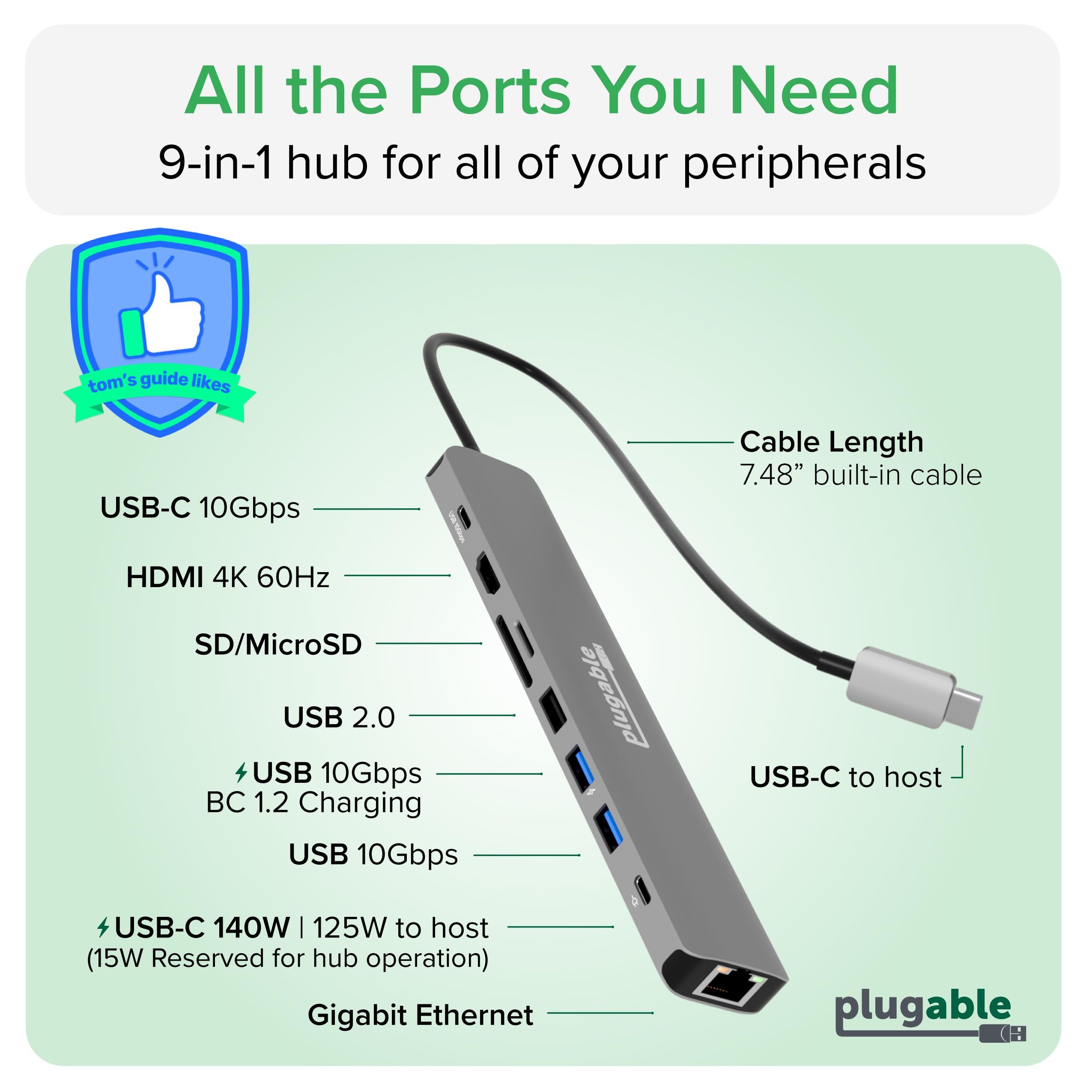 Plugable Hub USB-C 9 en 1 con suministro de energía de 140 W