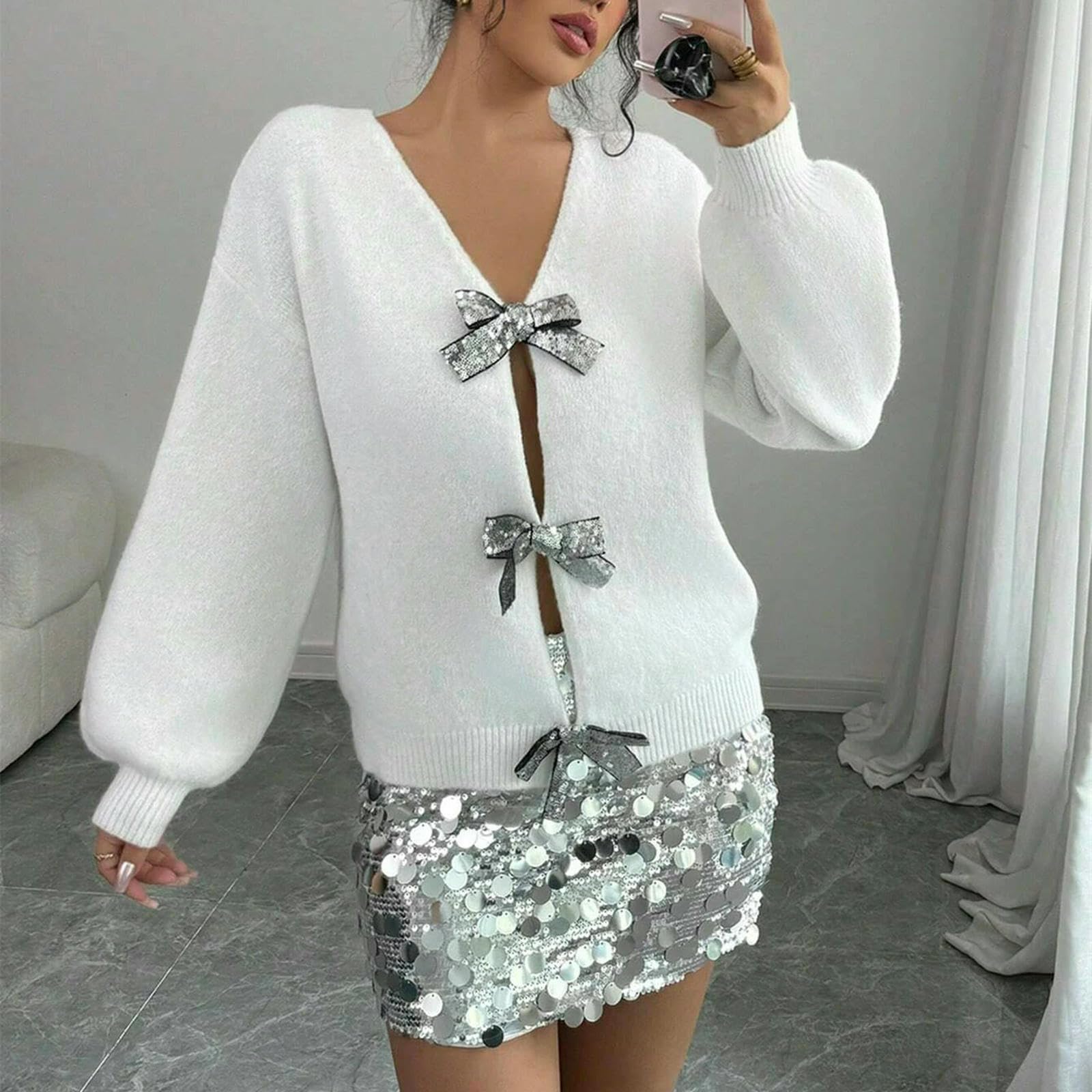 CHENSHI Maglione Donna Cardigan in Maglia di Nicchia A Maniche Lunghe Sciolto con Fiocco Paillettes Autunno E Inverno Nuova Moda Maglione-Bianco-s