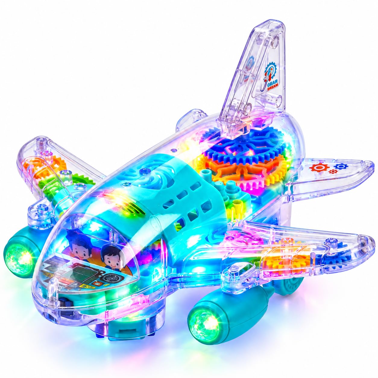 Playbees Light Up Transparent Gear Airplane, Bump &amp; Go Toddler Sensory Toy