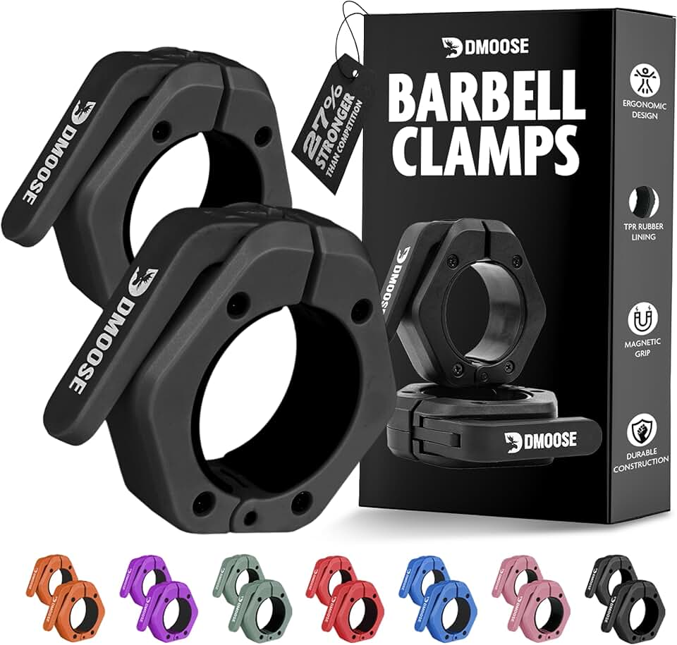 DMoose Fitness Barbell Clips 2 Inch (Pair) - Quick Release Olympic Barbell Clamps &amp; Collars with Anti Slip TPR Grip for Secure Weightlifting and Powerlifting - Weight Clips for Bars at Home or Gym