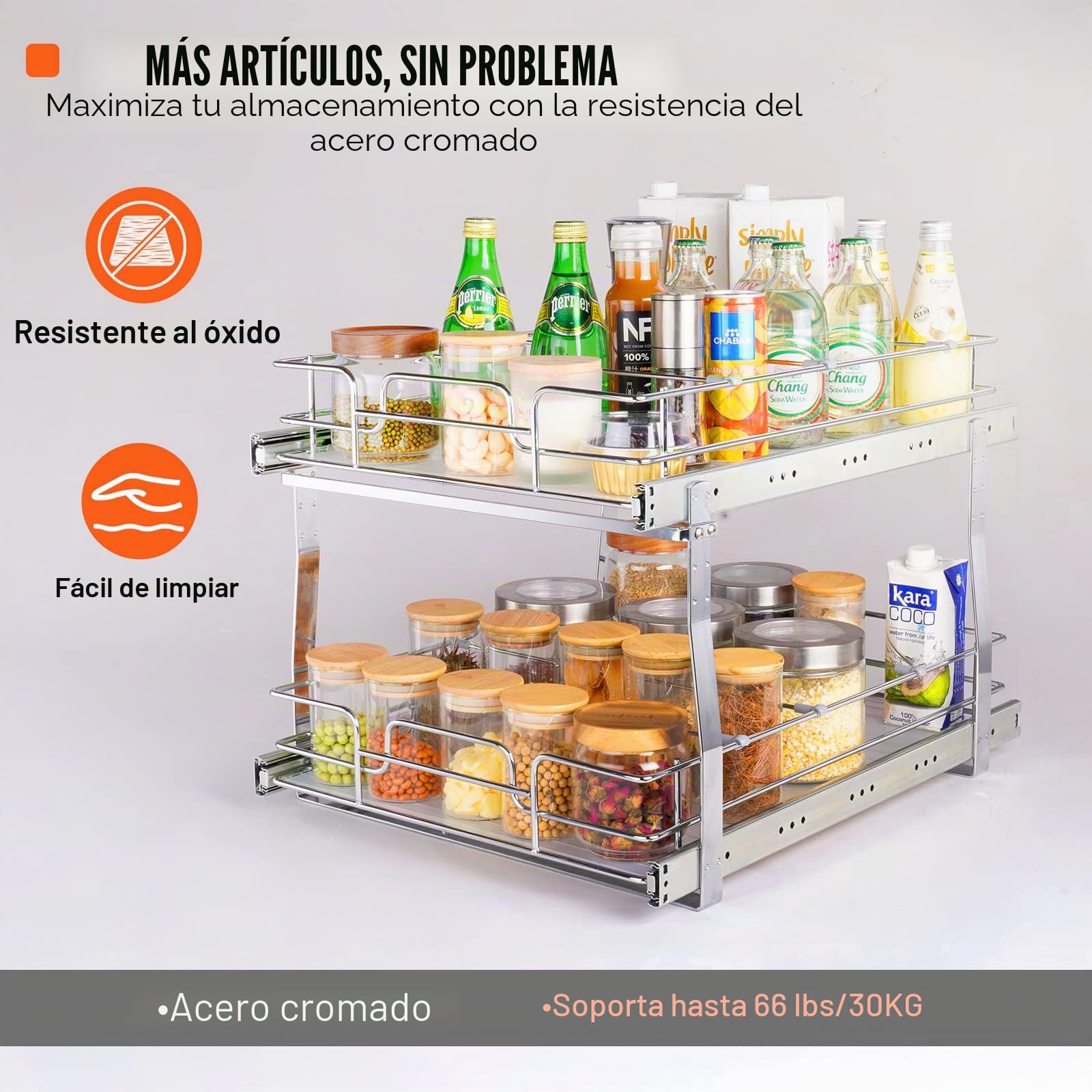 VEVOR Estante Debajo del Fregadero 2 niveles 431x539x383 mm Estante Deslizante para Armario de Acero Cromado con Estantes Carga de 30 kg Deslizamiento Suave Tamaño de Instalación 461x569x483 mm