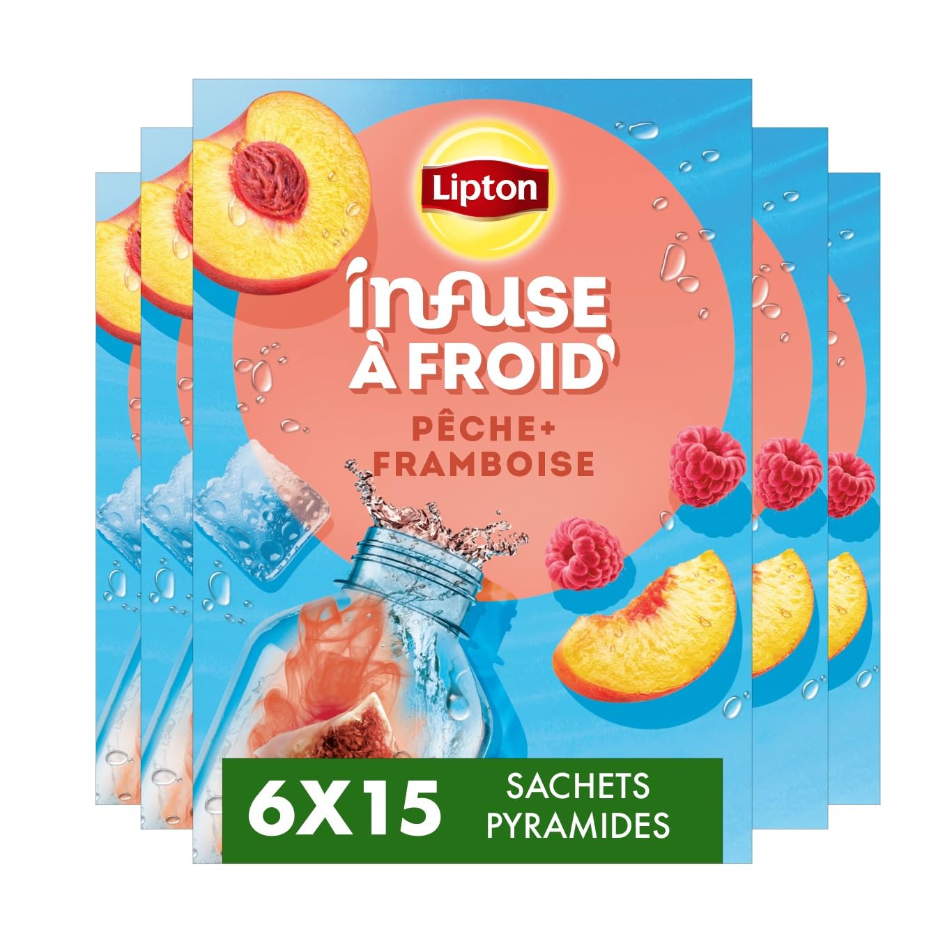 Lipton Té frío, sabor a melocotón y frambuesa, ideal para té helado, refrescante bebida de verano, 6 x 15 bolsas de pirámide