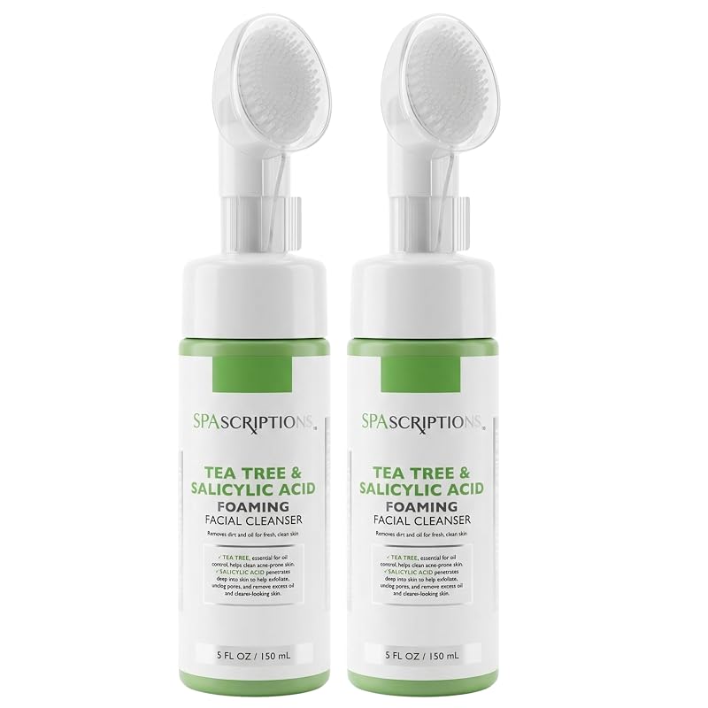 SpaScriptions Limpador facial espumante 2 em 1 com chá de árvore e ácido salicílico, com escova de silicone — Pacote com 2