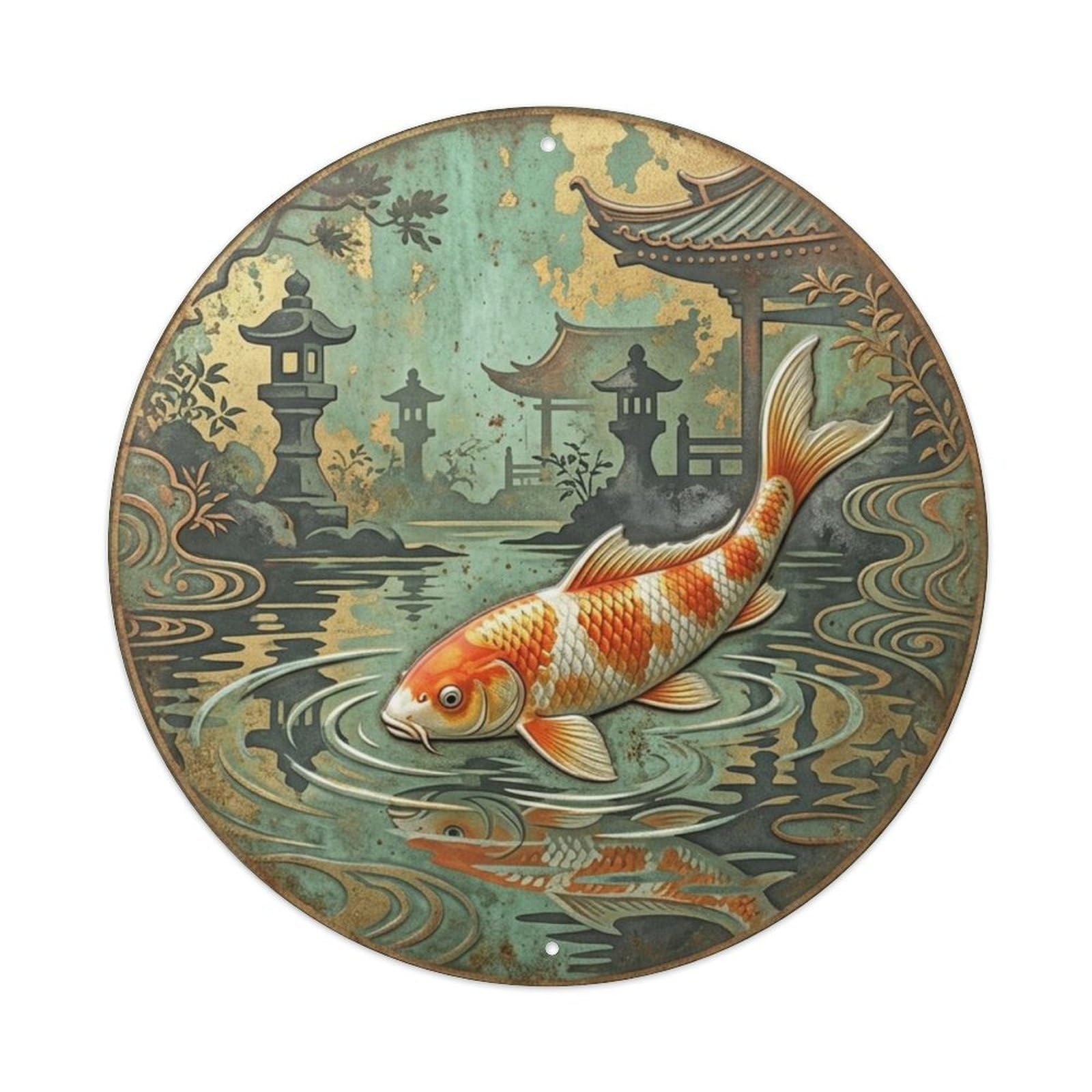 Fqcyn Style Koi Fish Verdigris Temple Pool Livingroom Metal Tin Sign Plaque Wall Decor For Cafe, Club Bar, Office, Home Garden Round Metal Poster 8X8inch