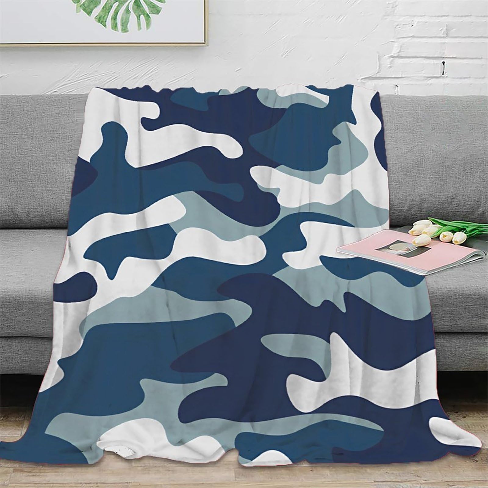 Couverture camouflage bleu marine plaid microfibre 150x200cm pour lit et salon