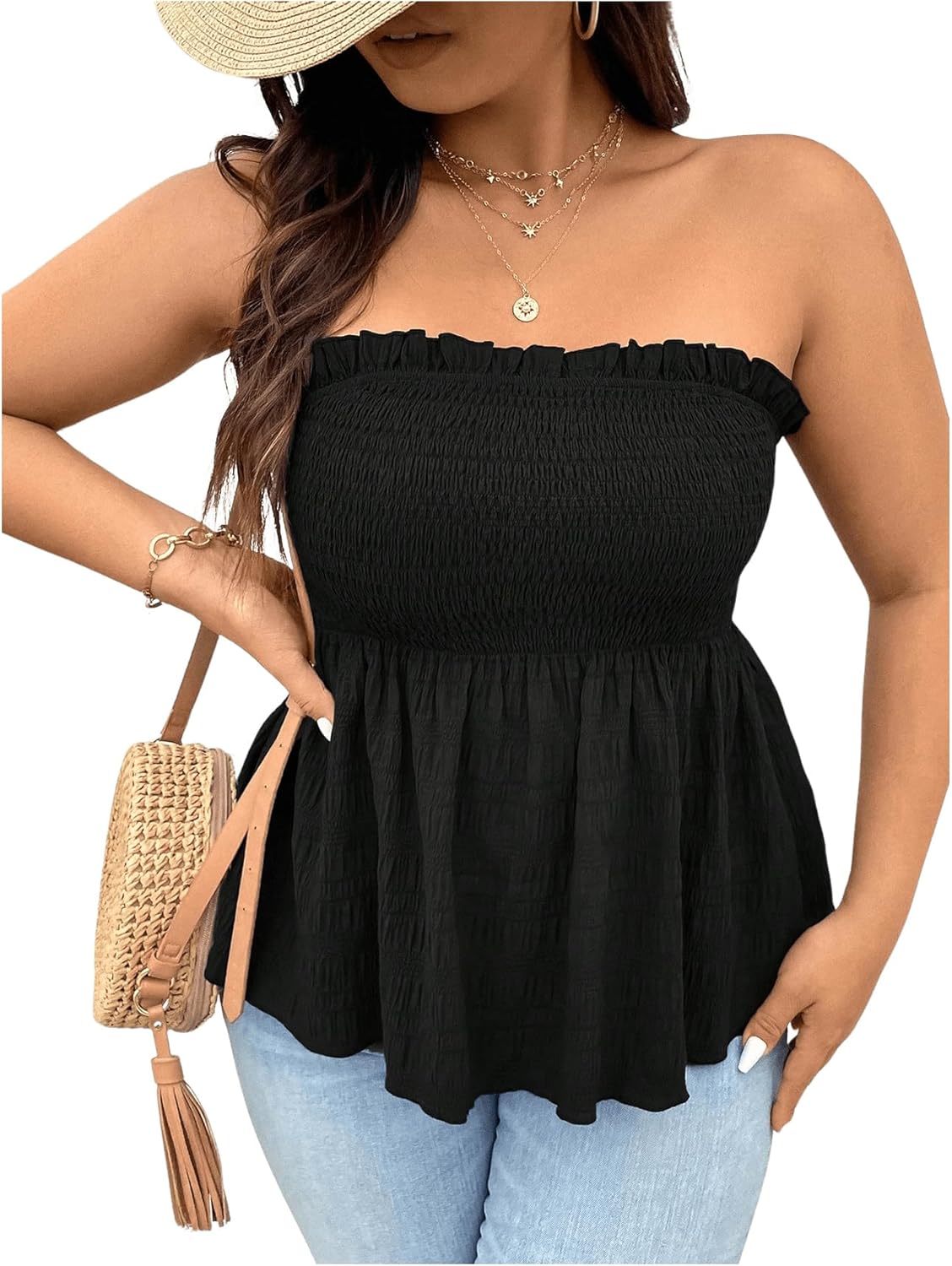SOLY HUX Women's Plus Size Peplum Tube Top Summer Strapless Flowy Cute Vacation Tops