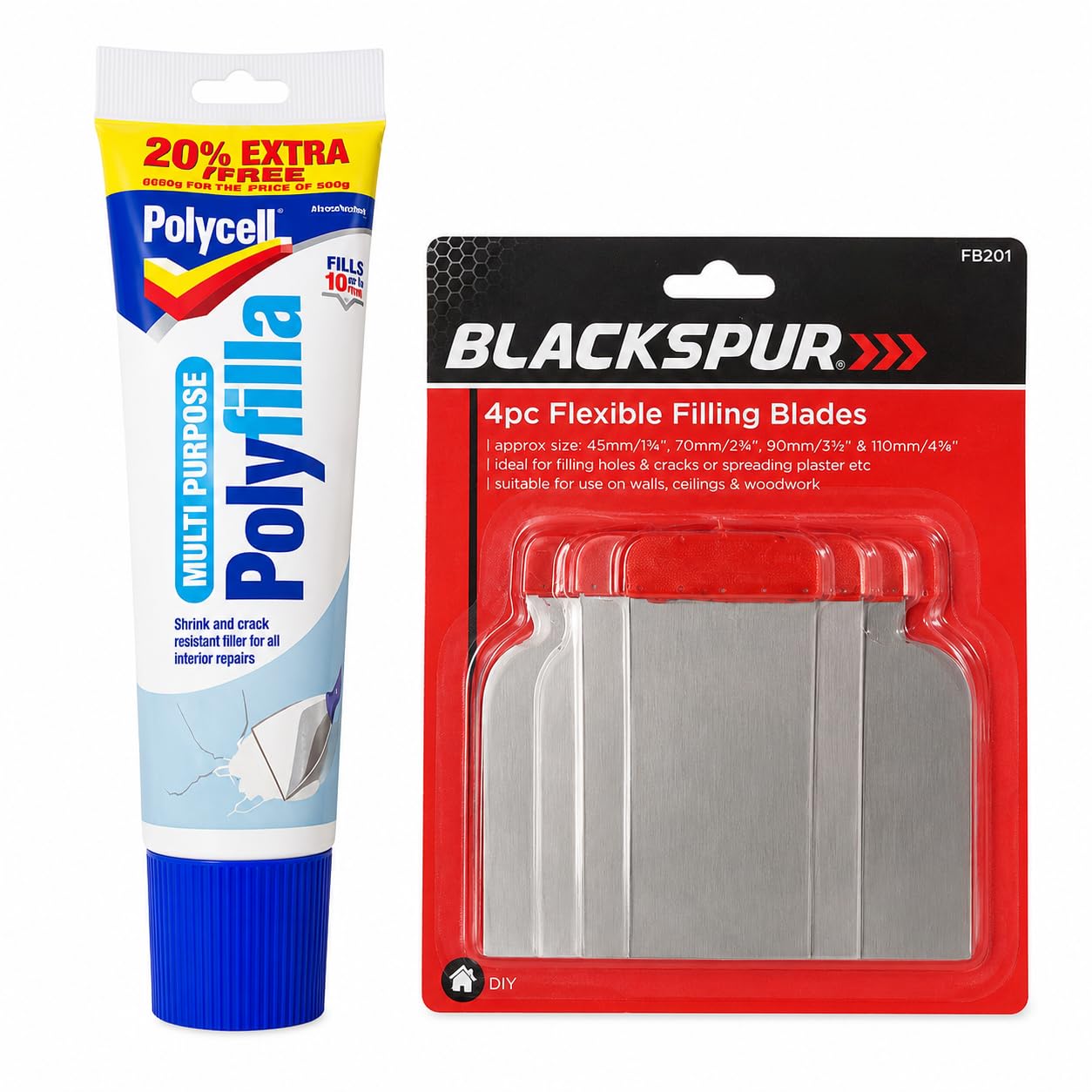 Polycell Polyfilla Multi Purpose Wall Repair Kit with 4 Flexible Filling Blades Ready Mixed White Wall Filler Tube for Cracks, Holes & Plaster Repairs Decorating Tools for Interior Walls & Ceilings