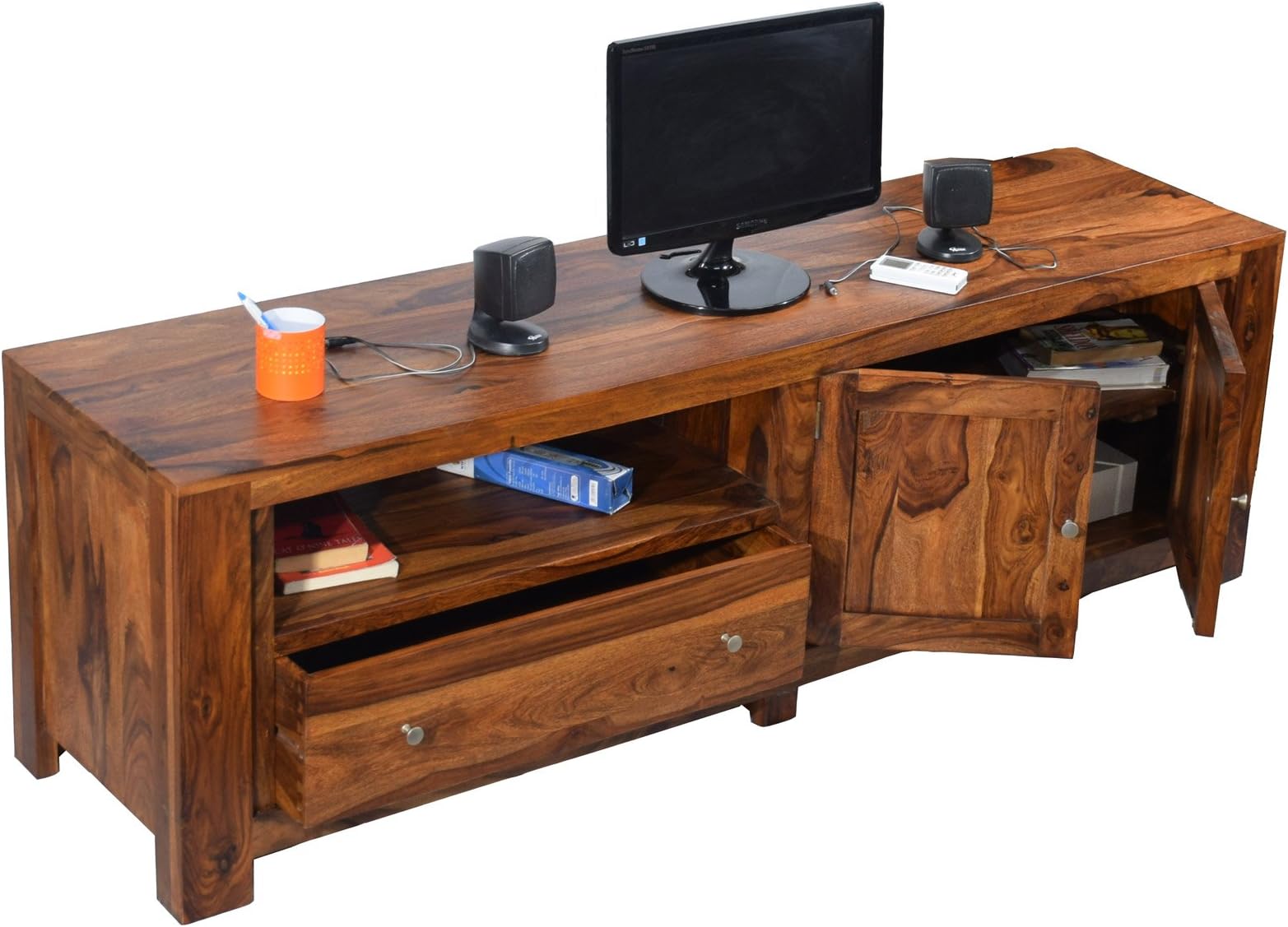 DAINTREE Sheesham Wood NEWCUBA 1.71 Meter 2 Door 1 Draw TV Unit Cabinet Entertainment Stand (Natural Teak Wood Finish)