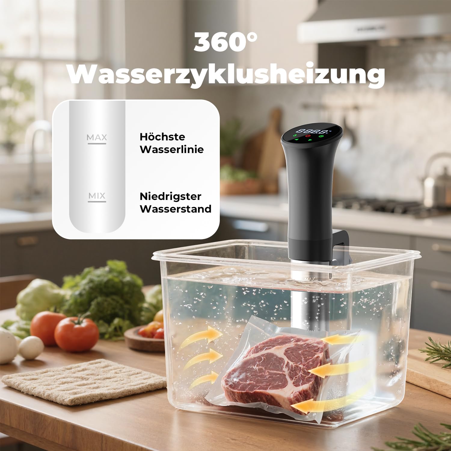 OUSFOT Sous Vide Garer, 0,1°C Präzise Temperaturregelung Sous Vide 3D-Wasserzirkulation,Geeignet für Steak, Lachs, Gemüse und Andere Lebensmittel Gesund und Fettarm,Schwarz