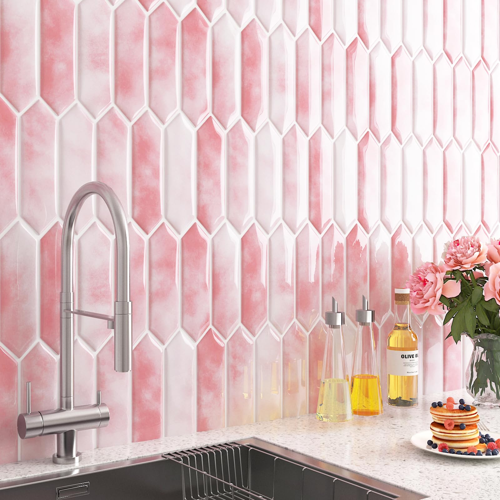 FunStick 15-Pack Light Pink Peel and Stick Backsplash Pink Hexagon