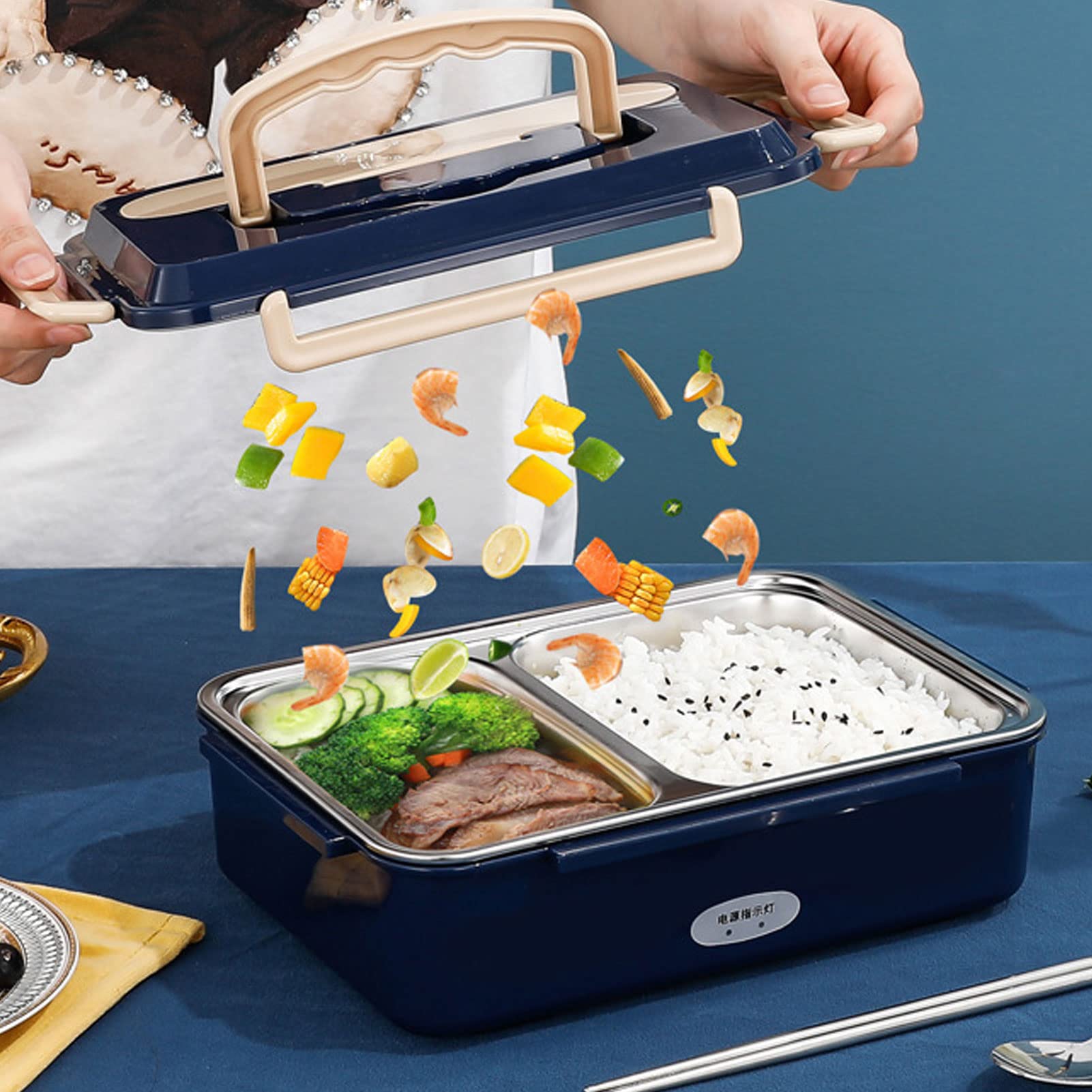 Zerodis Fiambrera Eléctrica de Acero Inoxidable, Calentador Portátil sin Agua, Recipiente Calentador de Alimentos a Prueba de Fugas con Compartimentos Dobles, Adecuado para (Enchufe europeo 220V)