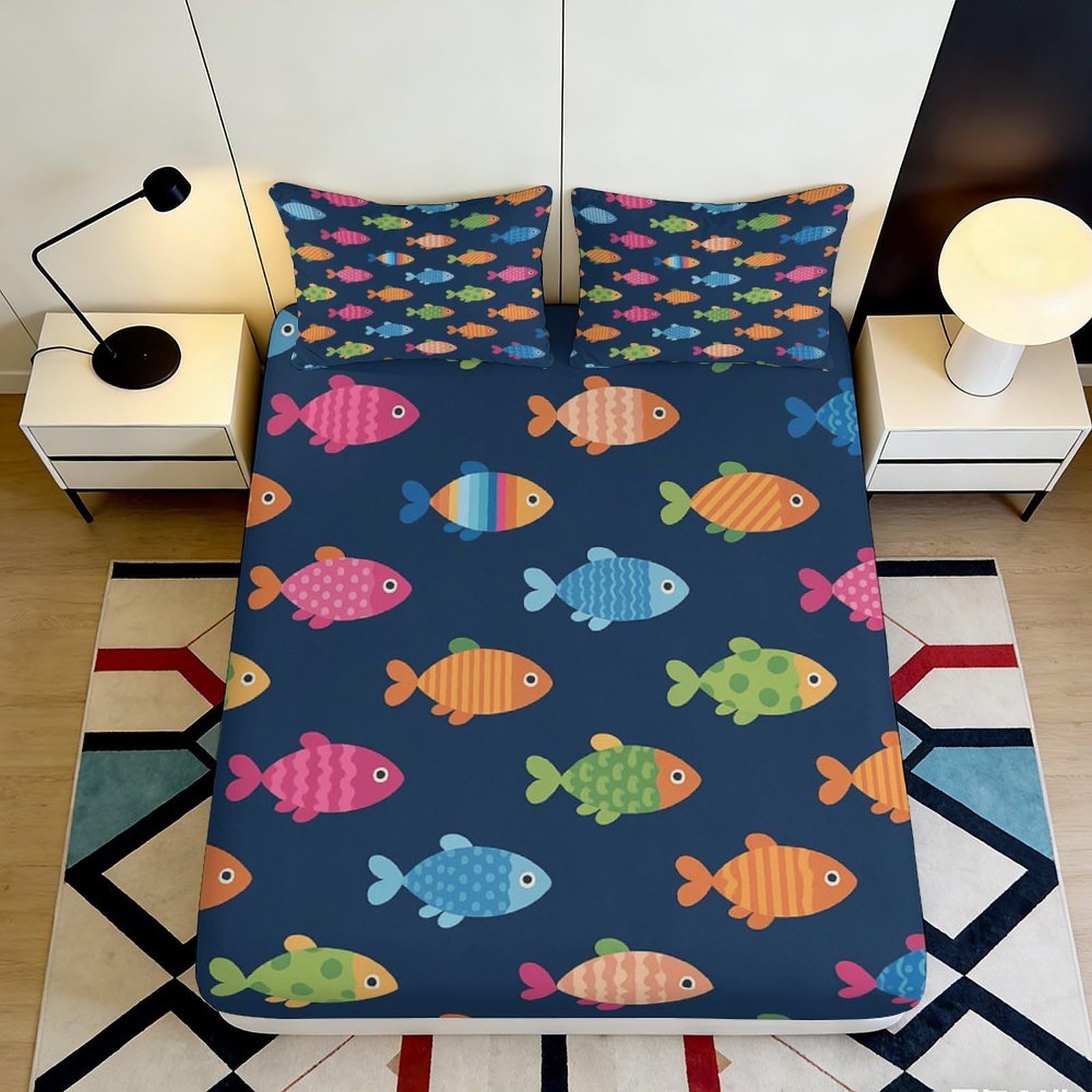 3D Printed Colorful Fish Fitted Sheet Microfiber Soft Bedroom Decor Vibrant Ocean Mattress Cover for Home Dorm 90x200x25cm