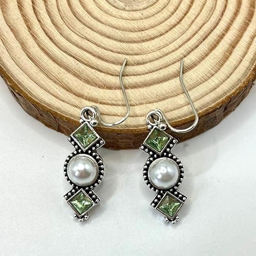 Miniatura 2 de Aretes largos de geometría bohemia, estilo vintage, de cristal verde plateado, para mujer