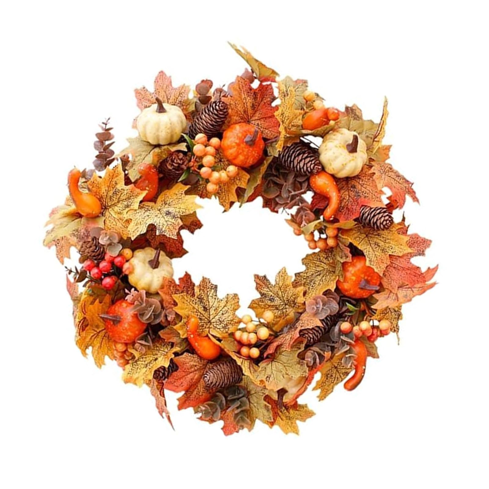Fall Harvest Wreath Artificial Pumpkin Pinecone Maple Garland for Thanksgiving Halloween Christmas Front Porch Decor Artificial Christmas Front Door Rattan Garland with Pumpkin Berries Pine Cone