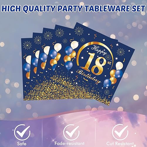 Miniatura 5 de Juego de 41 piezas de decoraciones de cumpleaños número 18 para él, temática azul y dorada, regalos de cumpleaños de 18 años, platos, servilletas y