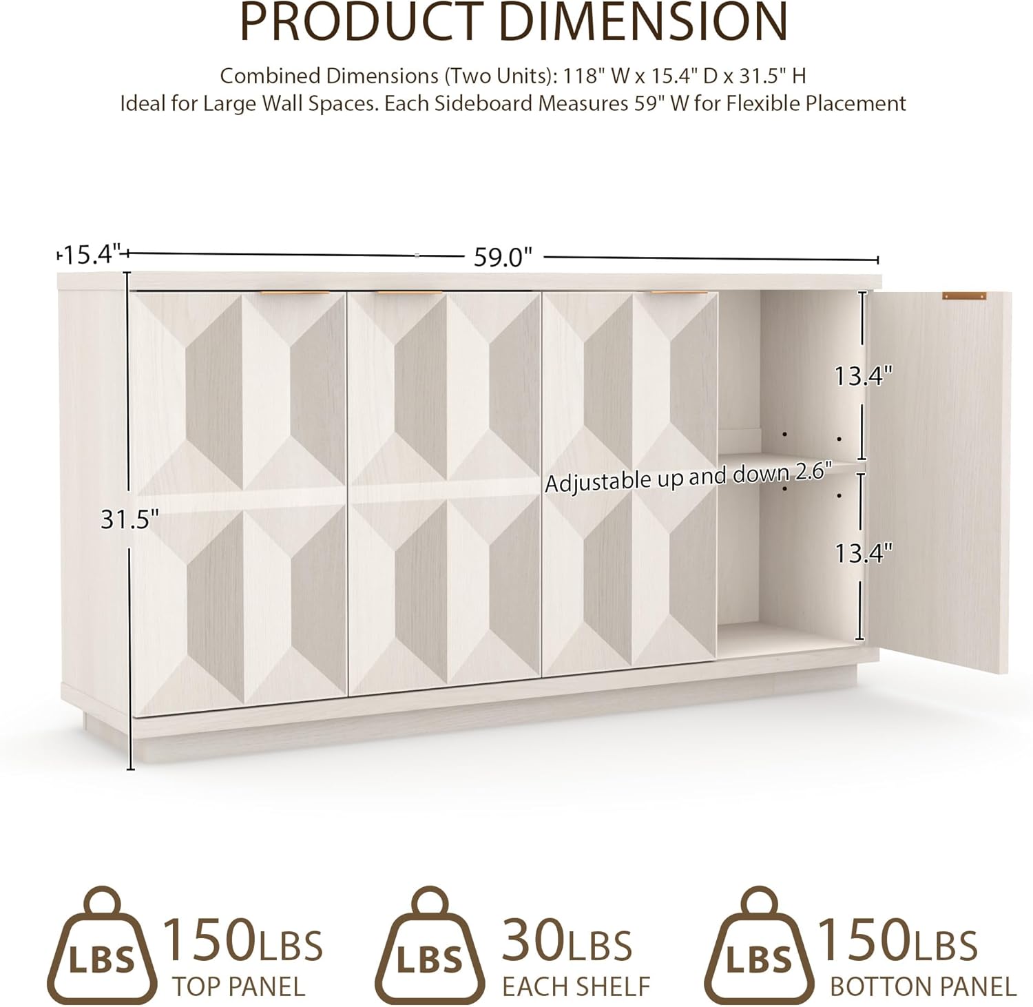 Yechen 59" White Oak Sideboard Buffet Cabinet with Storage, Modern Credenza with 3D Geometric Pattern Doors & Adjustable Shelves, Accent Wood Media Console Table for Living Room, Kitchen, Entryway