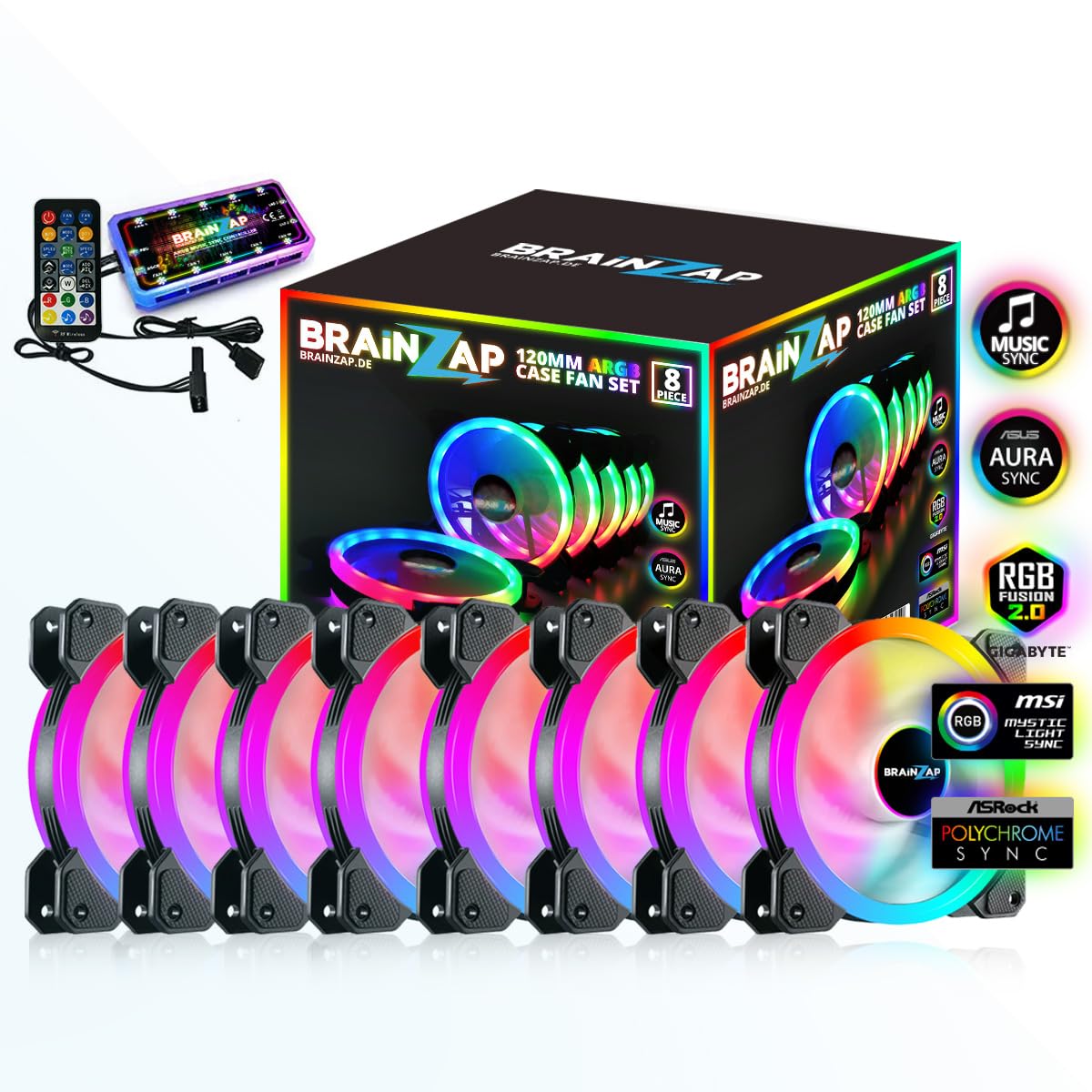 1-10x SET BRAINZAP 120mm LED A-RGB/RGB Silent Case Fan Set inkl. Controller Gehäuse Lüfter MSI Aura Asus Gigabyte Coolmoon (8x Lüfter + Controller)
